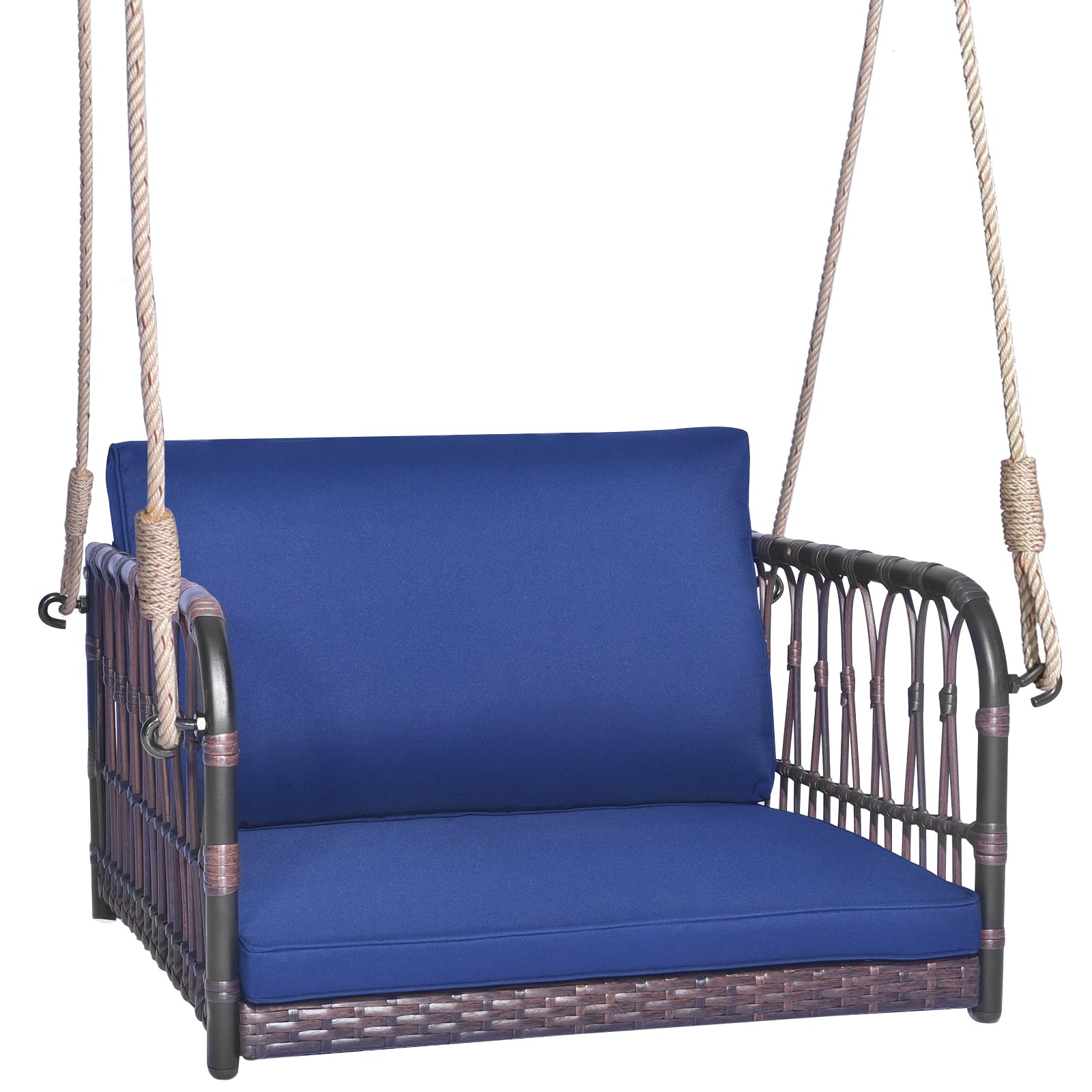Tangkula Patio Rattan Porch Swing, Single Person Hanging Seat With Seat & Back Cushions, Heavy-Duty Metal Frame & 2 Sturdy Hanging Ropes, Wicker Woven Swing Chair For Front Porch, Backyard (Navy)