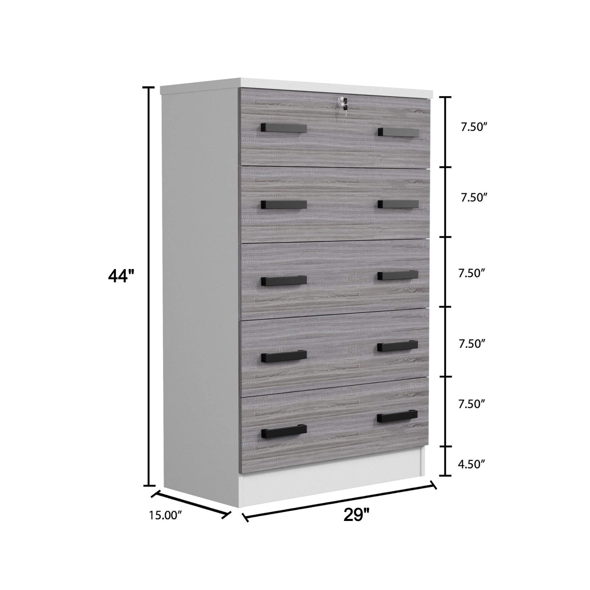 Cindy 5 Drawer Chest Wooden Dresser with Lock (White & Grey)