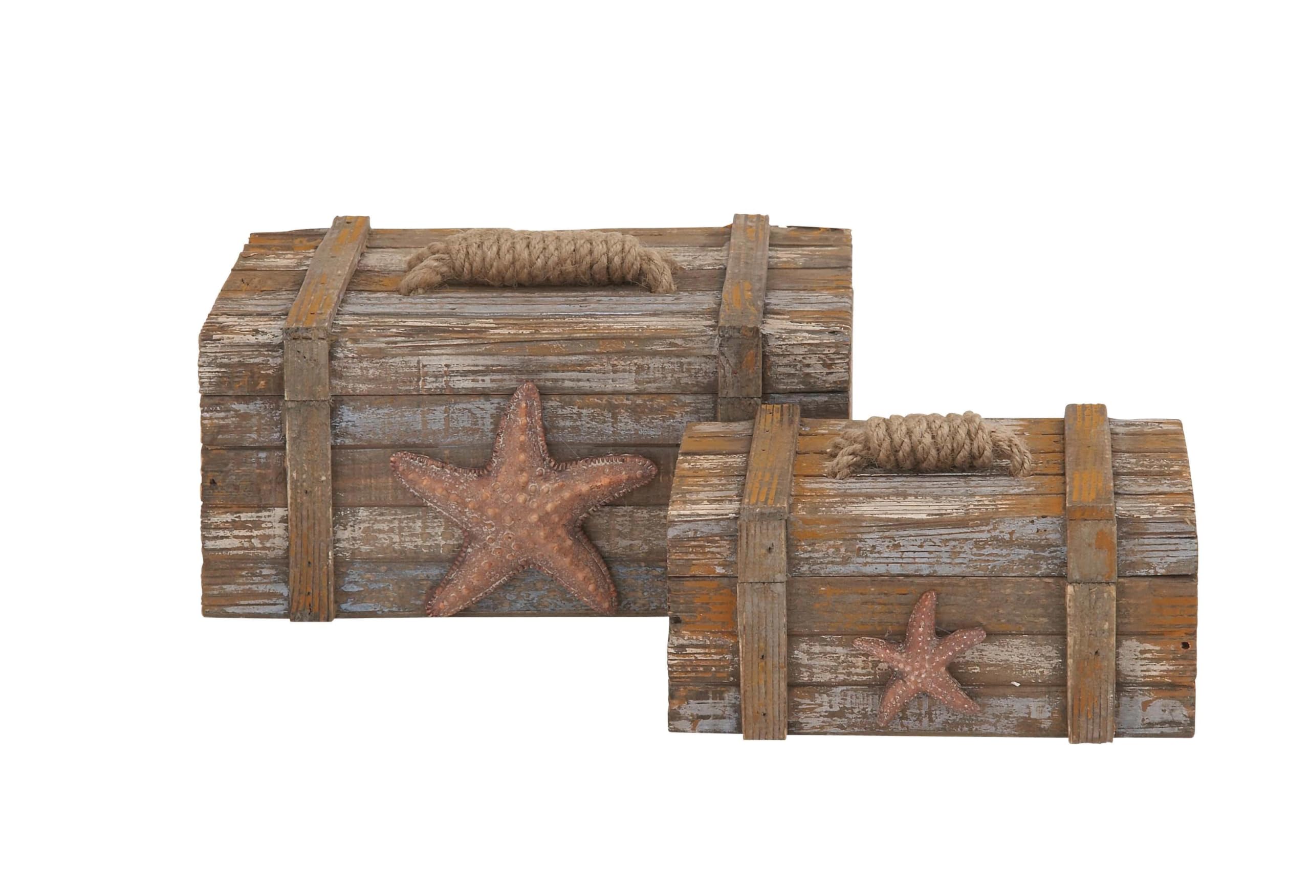 Deco 79 Wood Starfish Handmade Decorative Box Distressed Decorative Keepsake Boxes with Knotted Rope Details, Set of 2 Storage B