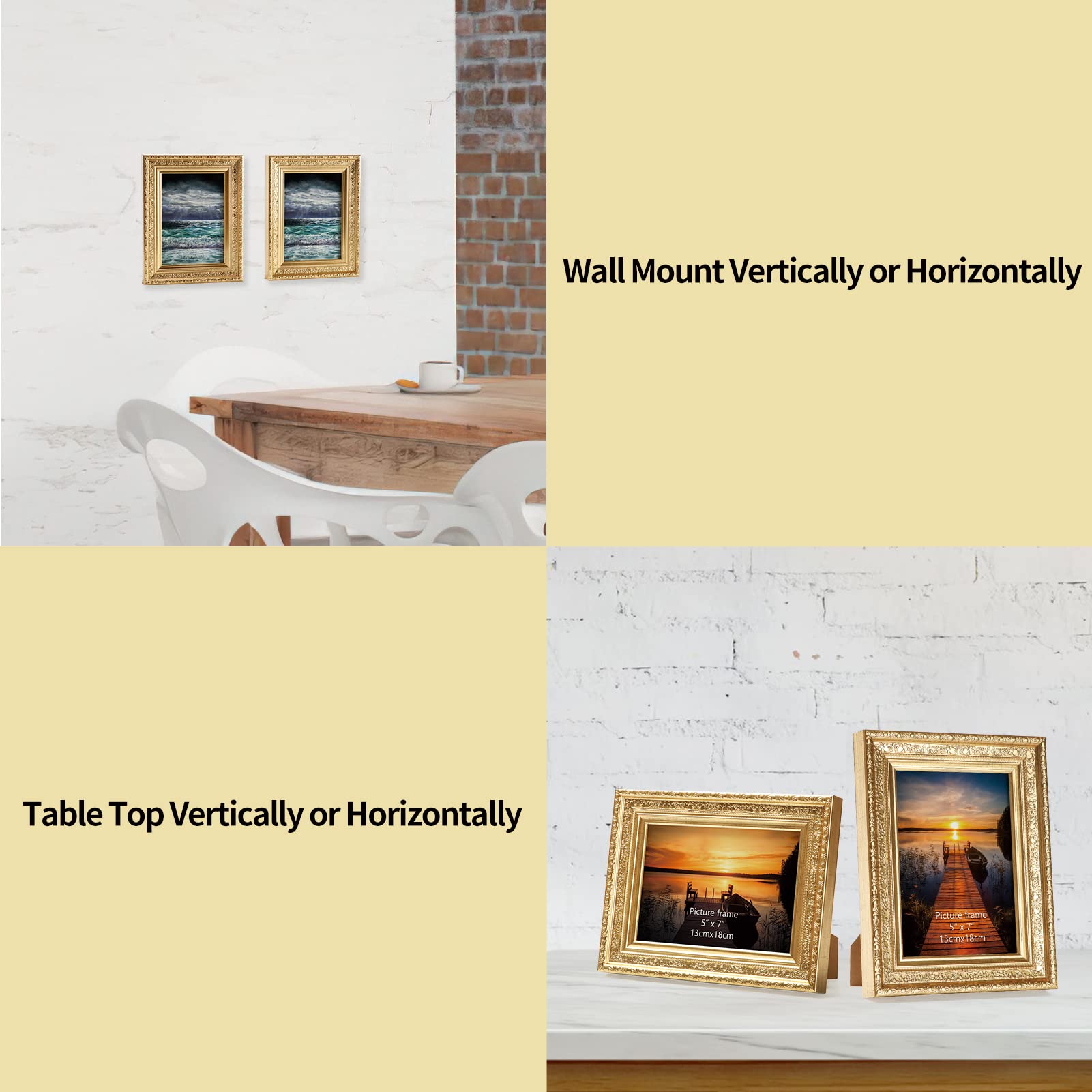 Edenseelake 5X7 Picture Frames Set Of 2, Vintage Gold Photo Frame 5 By 7 For Tabletop Or Wall Display