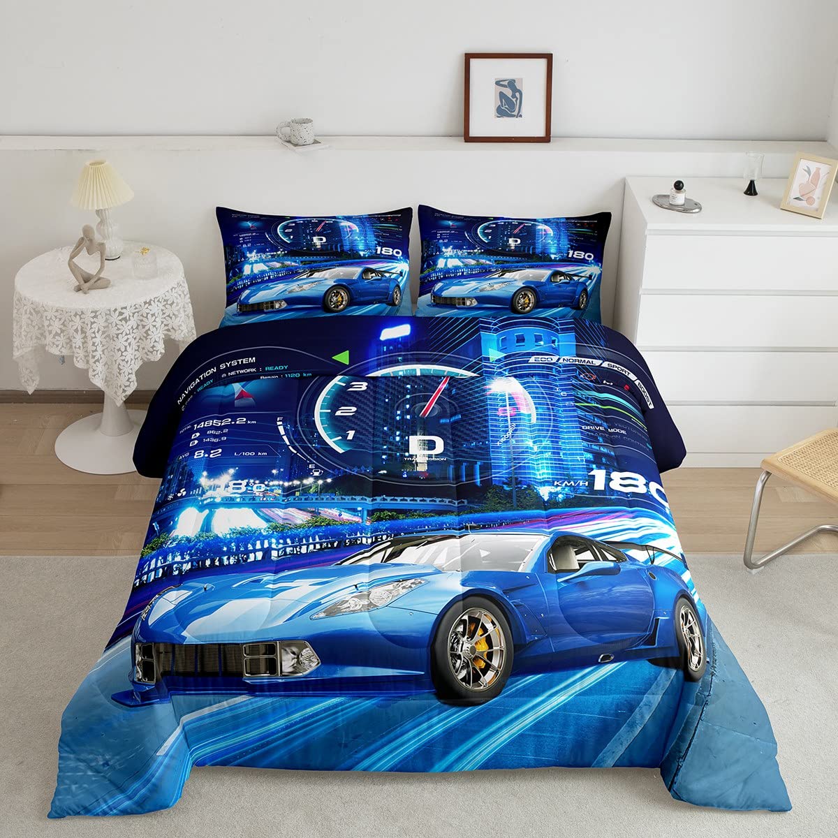 Feelyou Boys Race Car Down Duvet Cool Sports Car Comforter Set for Kids Boys Girls Extreme Sports Bedding Set Blue Automobile Ca