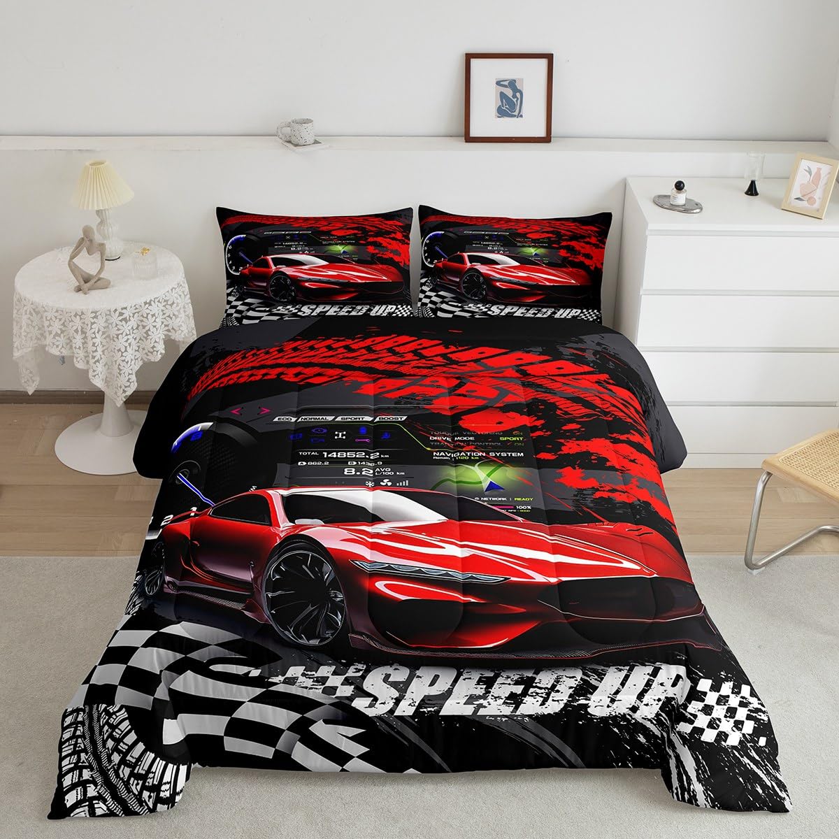 Feelyou Kids Boys Girls Red Race Car Comforter Set Full Size, Sports Car Comforter Comforter Set For Teens Race Car Bedding Set Racing Car Duvet Set Bed Set Room Decor Bedding Collection