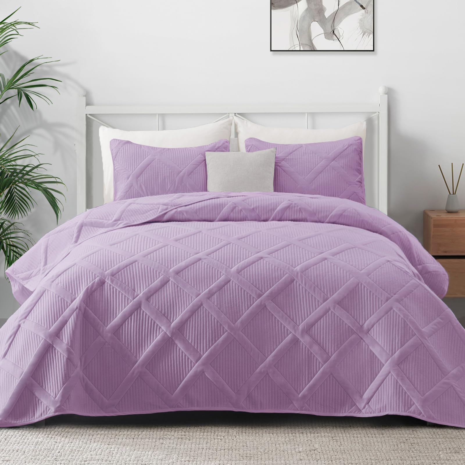 Exclusivo Mezcla Quilt Set King Size, 3 Pieces Lilac King Quilt Bedding Set, Lightweight Quilts Soft Bedspreads Modern Striped C