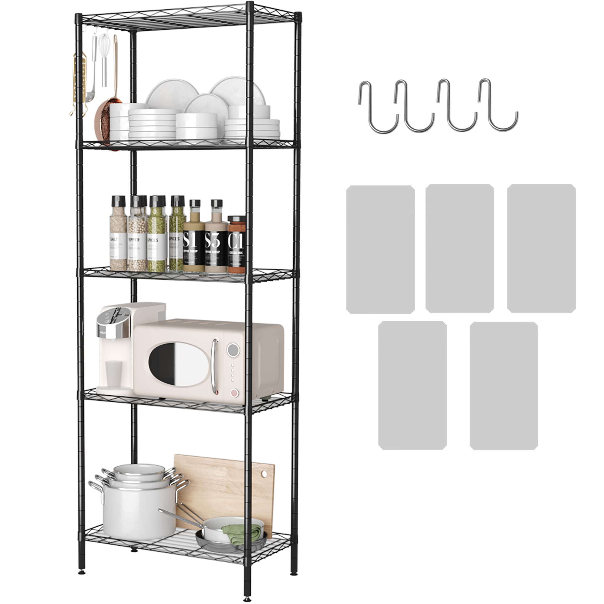 Homefort 5-Shelving Unit, Adjustable Wire Shelving, Metal Wire Shelf With Shelf Liners And Hooks For Kitchen, Closet, Bathroom, Laundry, Black,21' W X 11' D X 59' H