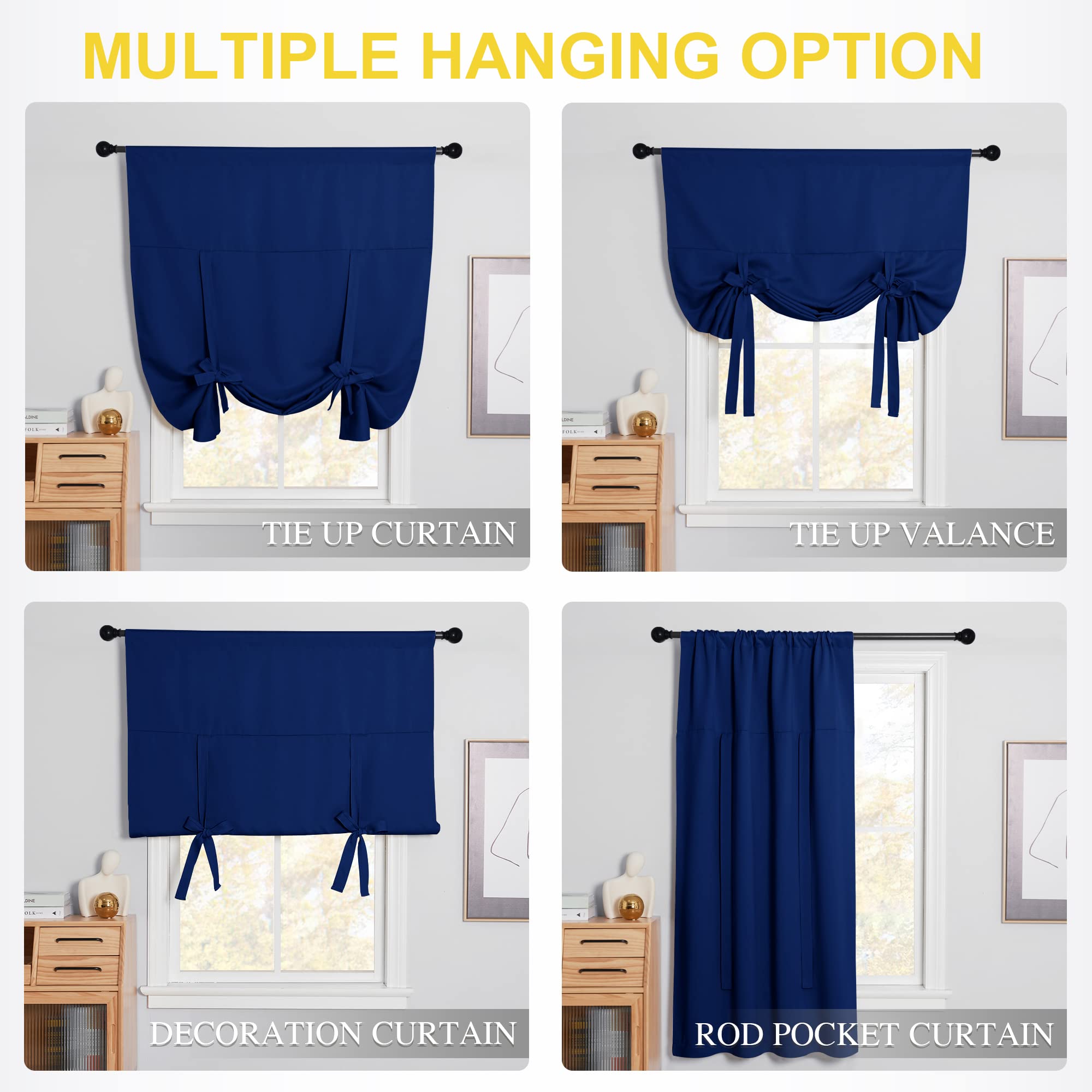 Nicetown Balloon Shades Blackout Curtain - Adjustable Thermal Insulated Tie Up Curtain Panel Valance (Dark Blue, Rod Pocket Pane