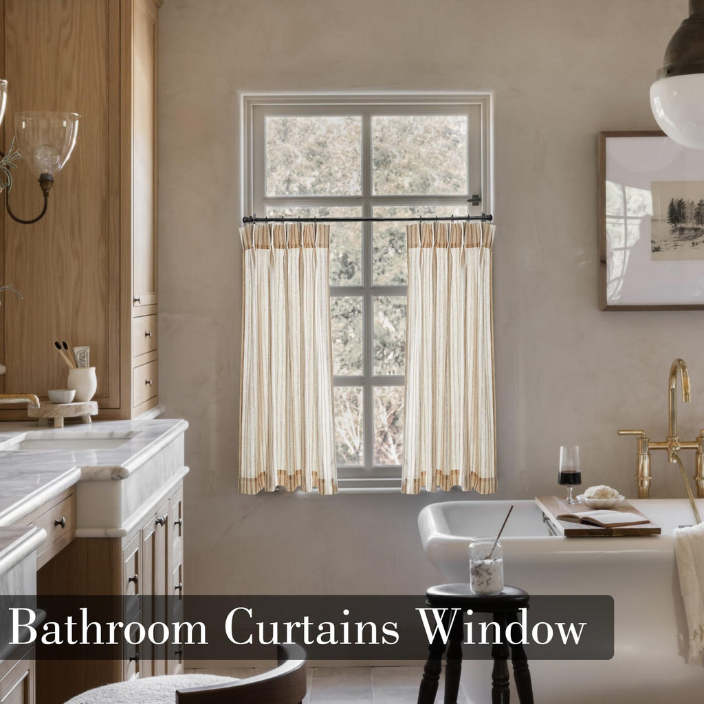 Limon Home Short Curtains 30 Inch Length For Boho Kitchen Window,Beige Printed Striped Semi Sheer Curtains,Rv Curtains For Campe