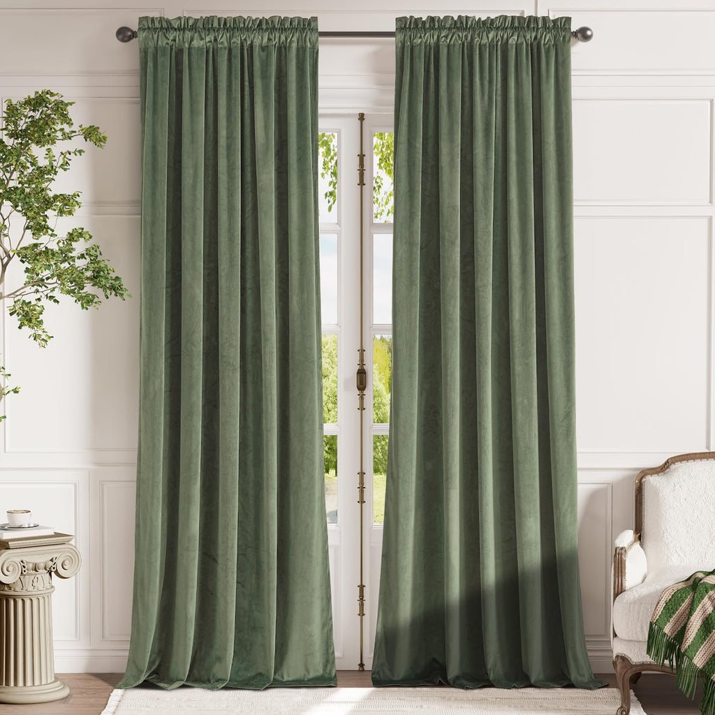 Lazzzy Sage Green Velvet Curtains Thermal Insulated Drapes For Bedroom Living Room Darkening 102 Inches Extra Long Window Treatments Super Soft Luxury Rod Pocket 2 Panels