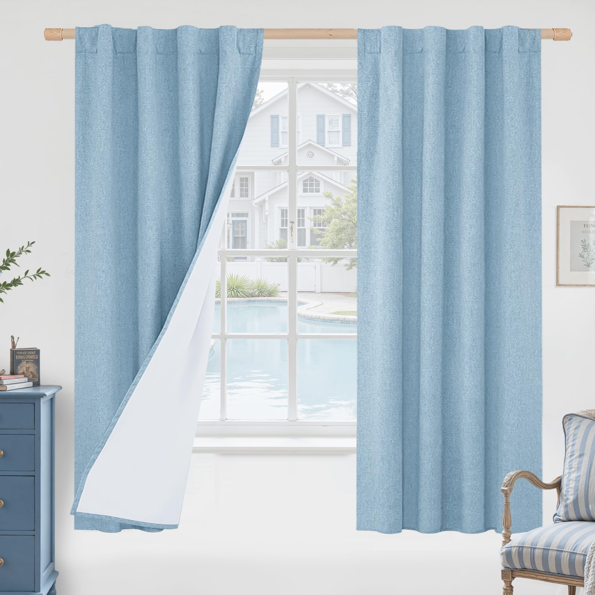 LAMIT Stone Blue 100% Blackout Linen Curtains, 63 Inches Linen Textured Thermal Bedroom Curtains Back Tab and Rod Pocket Neutral