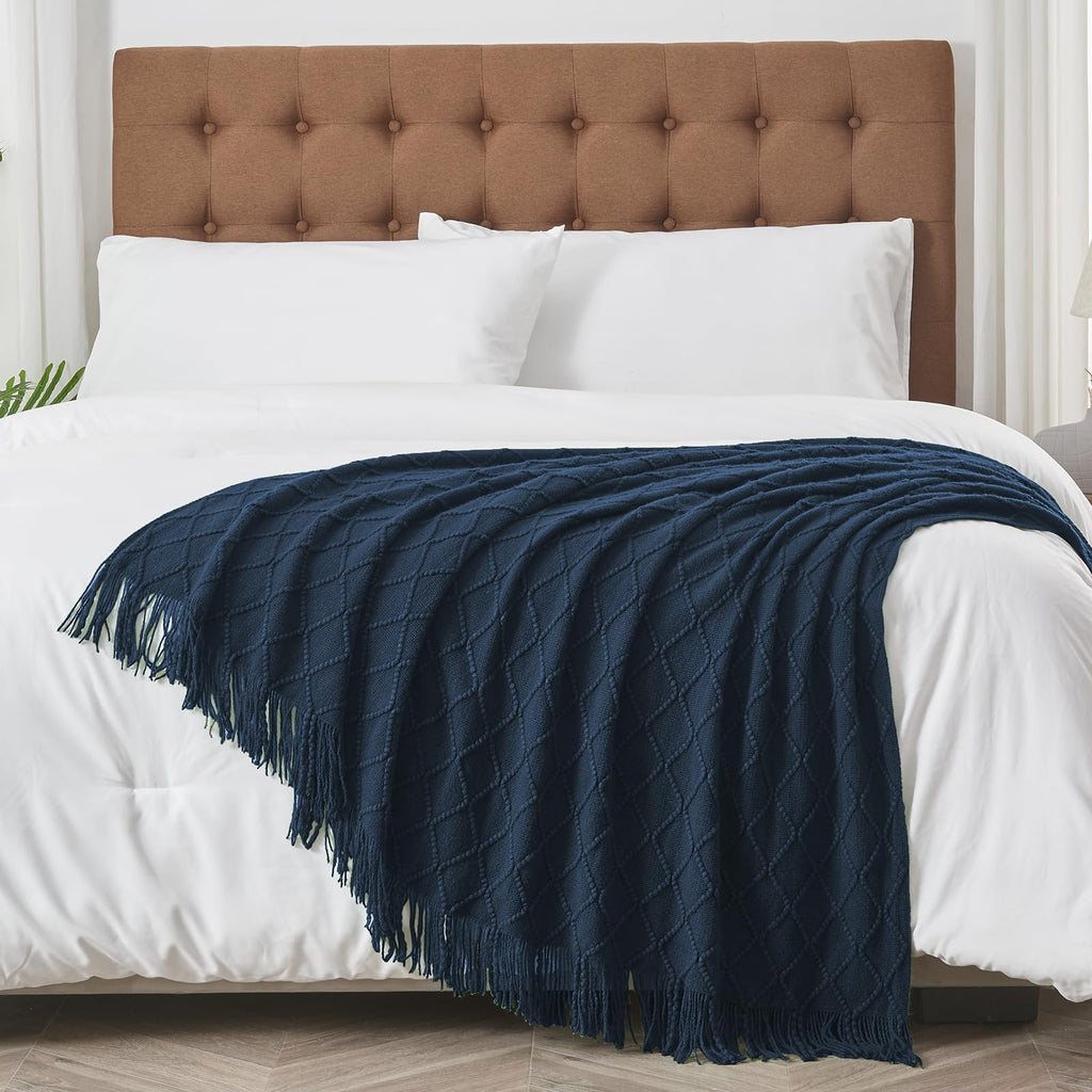 Inhand Knitted Throw Blankets For Couch And Bed, Soft Cozy Knit Blanket With Tassel, Dark Blue Lightweight Decorative Blankets A