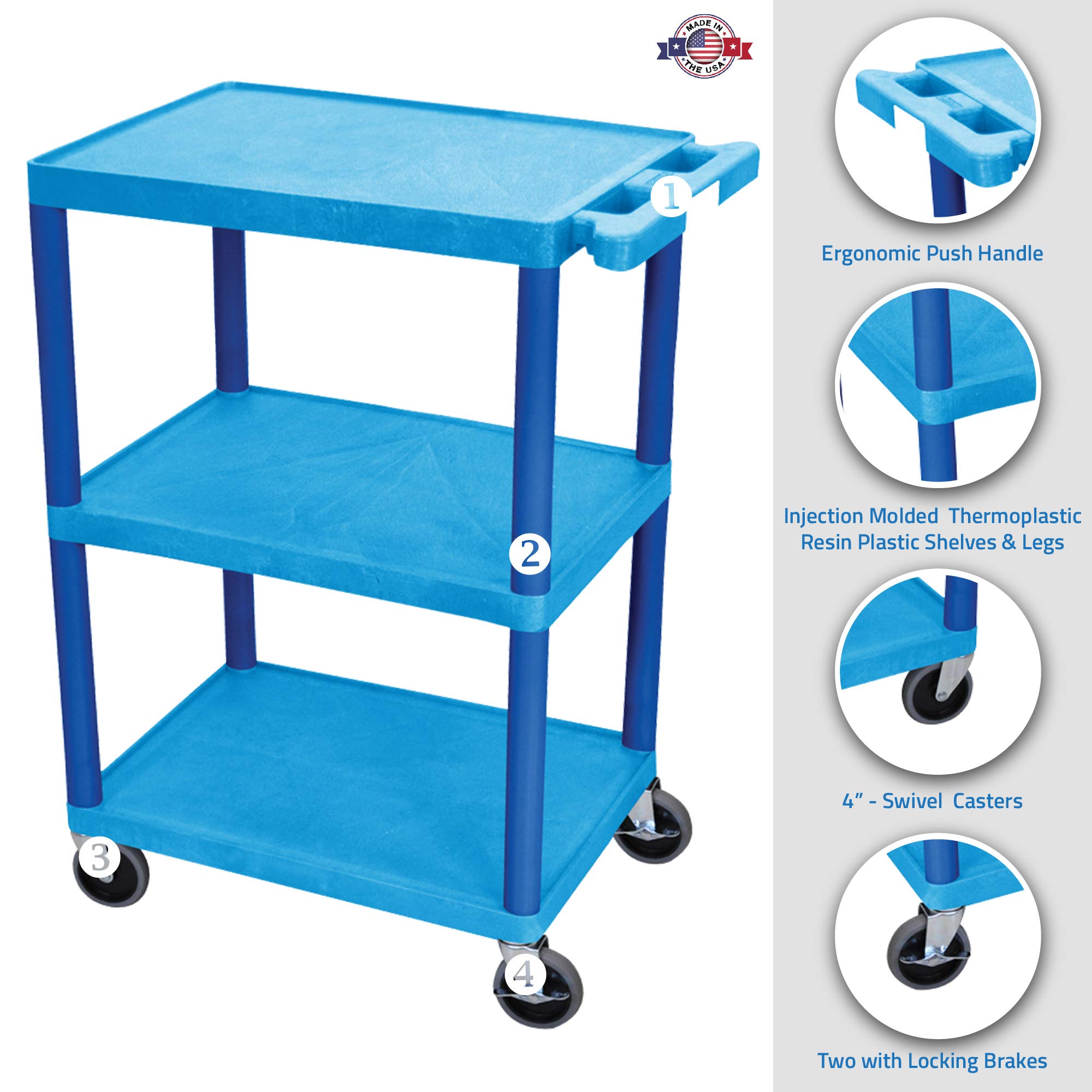 LUXOR HE34-BU Utility Cart - 3 Shelves Structural Foam Plastic, Four 4&quot; Casters, Two with Locking Brake, Ergonomic Push Handle, 24&quot;W x 18&quot;D x 34&quot;H, Offices, Classrooms