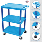 LUXOR HE34-BU Utility Cart - 3 Shelves Structural Foam Plastic, Four 4" Casters, Two with Locking Brake, Ergonomic Push Handle, 24"W x 18"D x 34"H, Offices, Classrooms