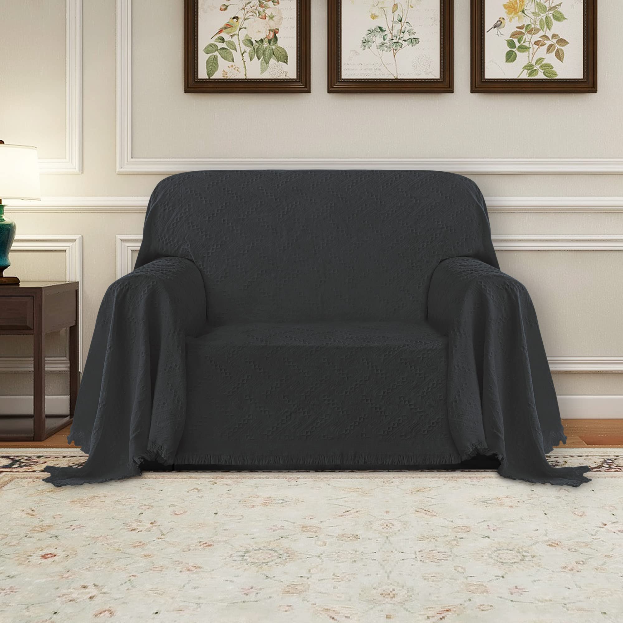 Purefit Geometric Jacquard Throw Sofa Cover - Textured Soft Washable Decorative Couch Covers For 3 Cushion Couch, Throw Cover With Tassels Furniture Protector For Pets, Kids (Small, Dark Gray)