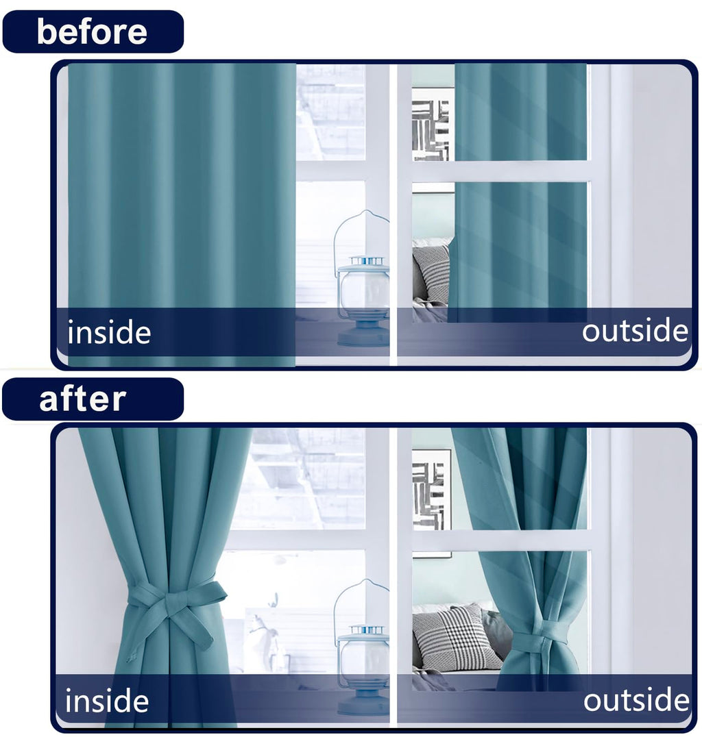 Hiasan Stone Blue Curtains 45 Inch Long, Light Blocking Thermal Insulated Rod Pocket & Back Tab Blackout Drapes Sewn With Tiebac