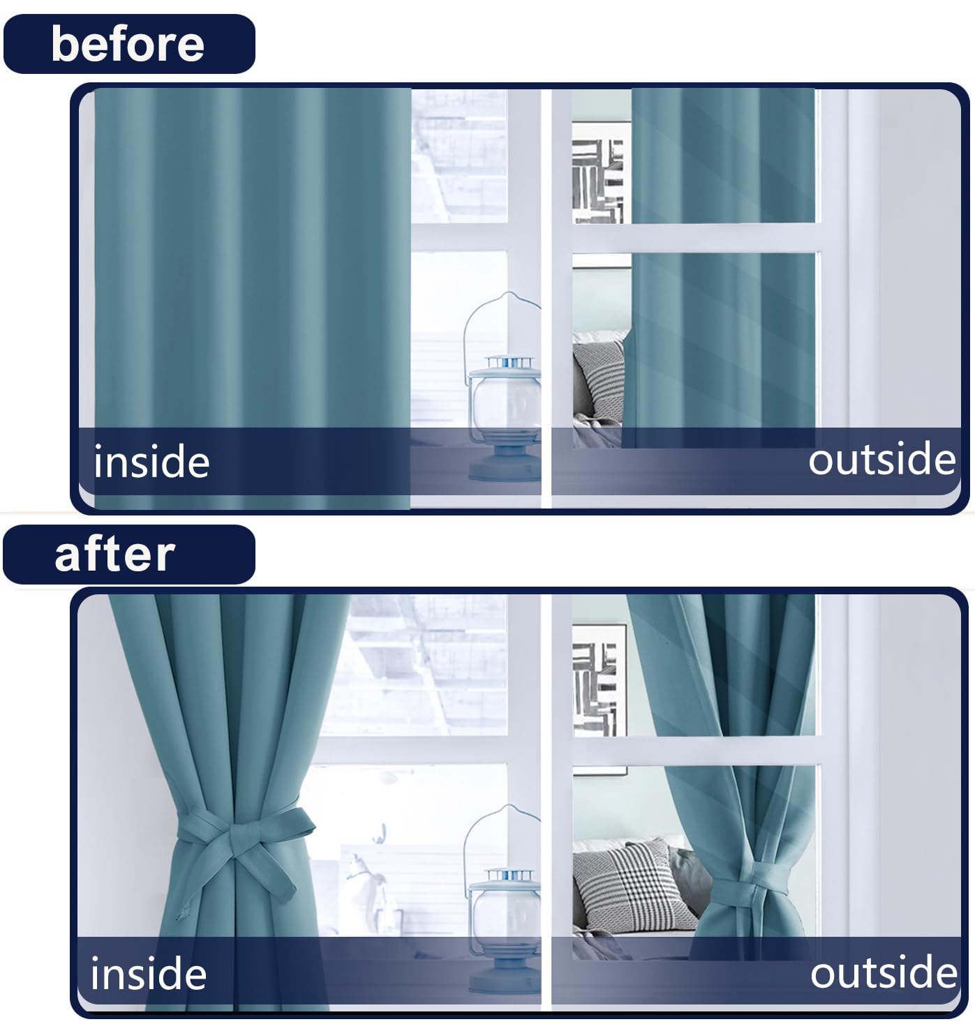 Hiasan Stone Blue Curtains 45 Inch Long, Light Blocking Thermal Insulated Rod Pocket & Back Tab Blackout Drapes Sewn With Tiebac