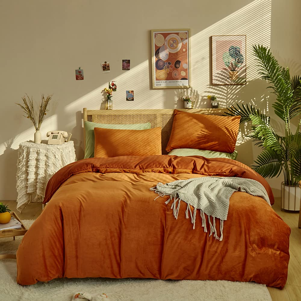 Clothknow Burnt Orange Fluffy Twin Comforter Set 3Pcs Orange Velvet Bedding Comforter Sets Terracotta Comforter Soft Caramel Com