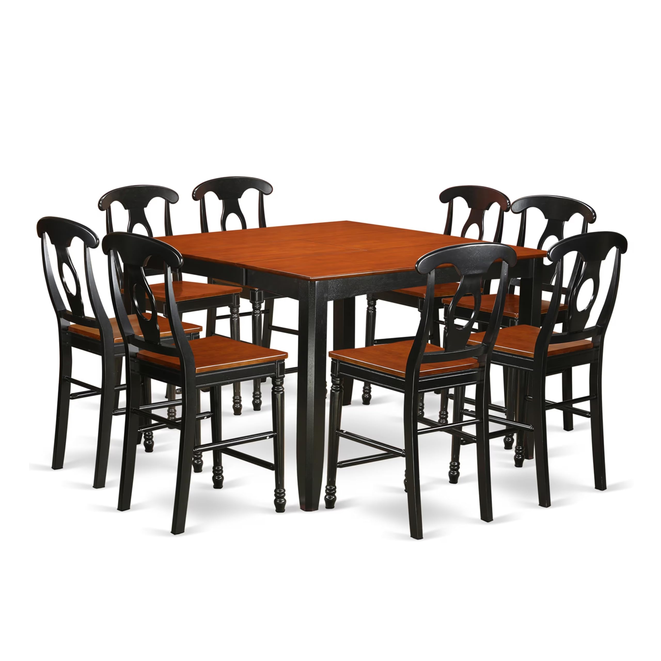 East West Furniture FAKE9H-BLK-W 9 Piece Counter Height Dining Table Set Includes a Square Kitchen Table with Pedestal and 8 Dining Room Chairs, 54x54 Inch, Black & Cherry