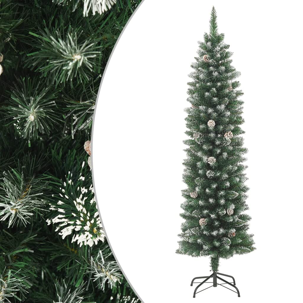 vidaXL 7 ft Artificial Slim Christmas Tree - PVC Foliage, Snow-Flocked, Steel Stand, Realistic Cones Decor, for Narrow Spaces, Green