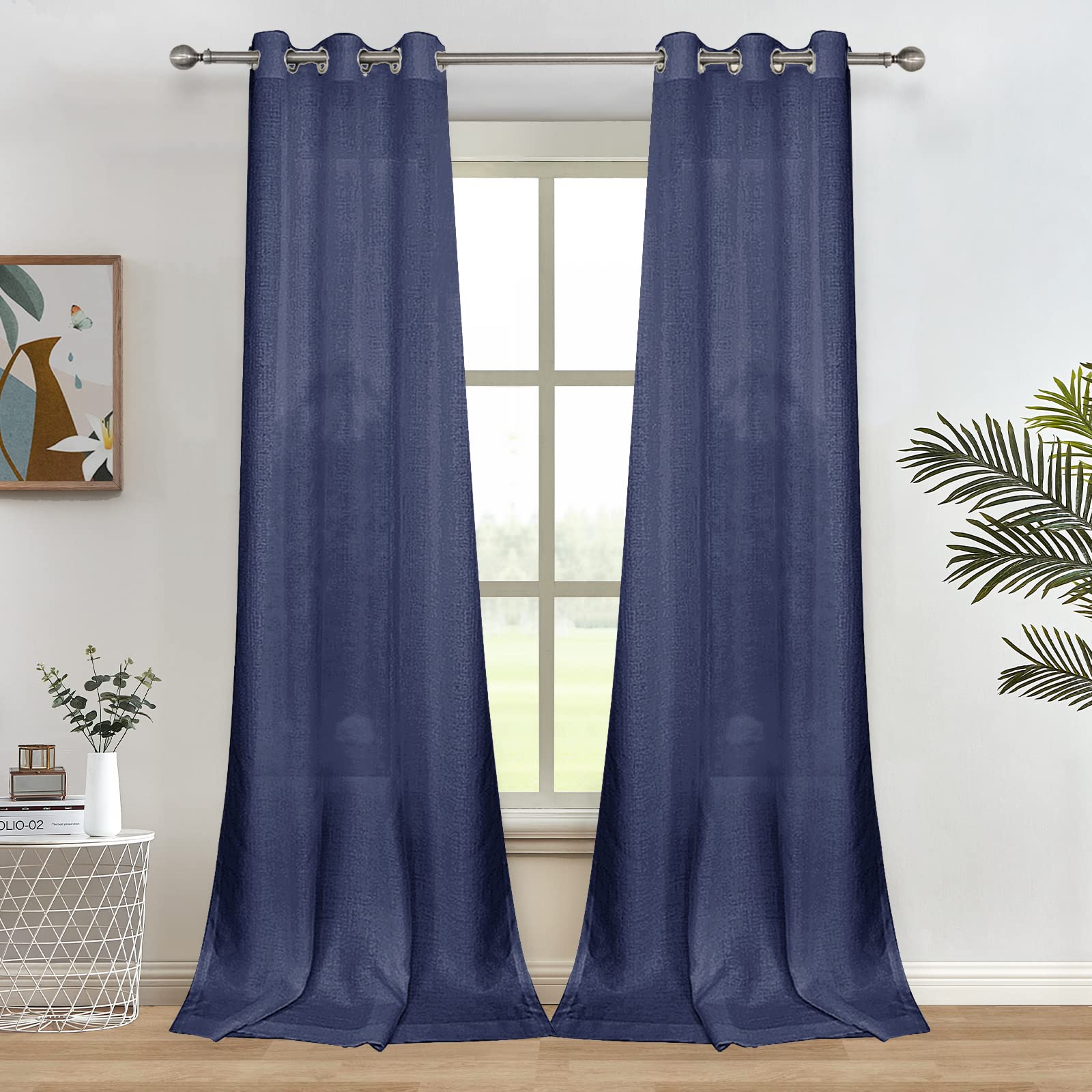 Melodieux Navy Semi Sheer Curtains 63 Inch Length For Small Windows Living Room Bedroom Linen Look Rustic Grommet Voile Drapes,