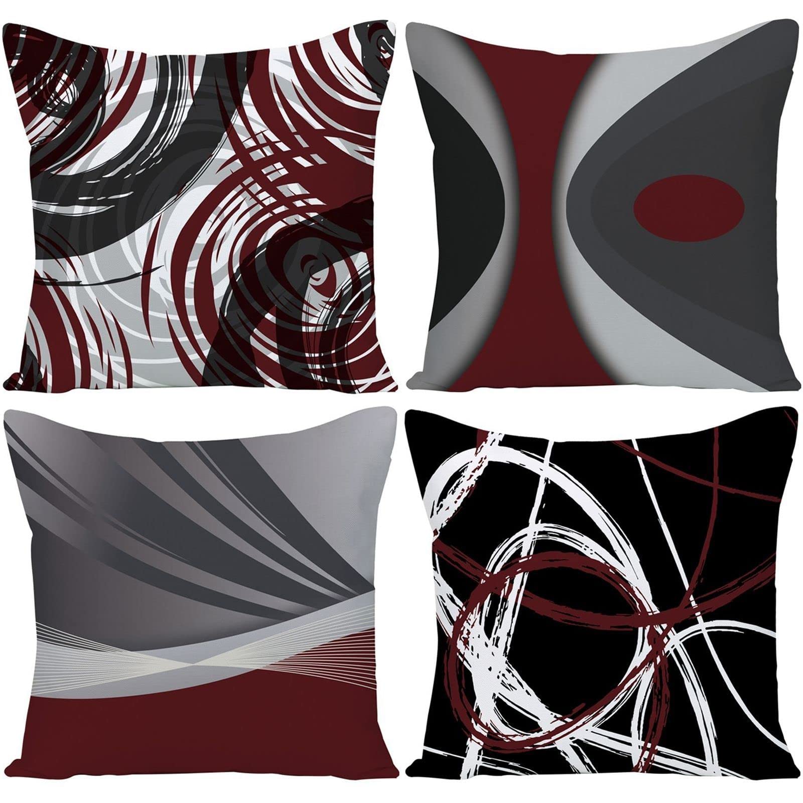 Ezving Set Of 4 Throw Pillow Covers Modern Abstract Wine Red Stripes Gray Black White Acrylic Bold Grey Decorative Pillow Cases