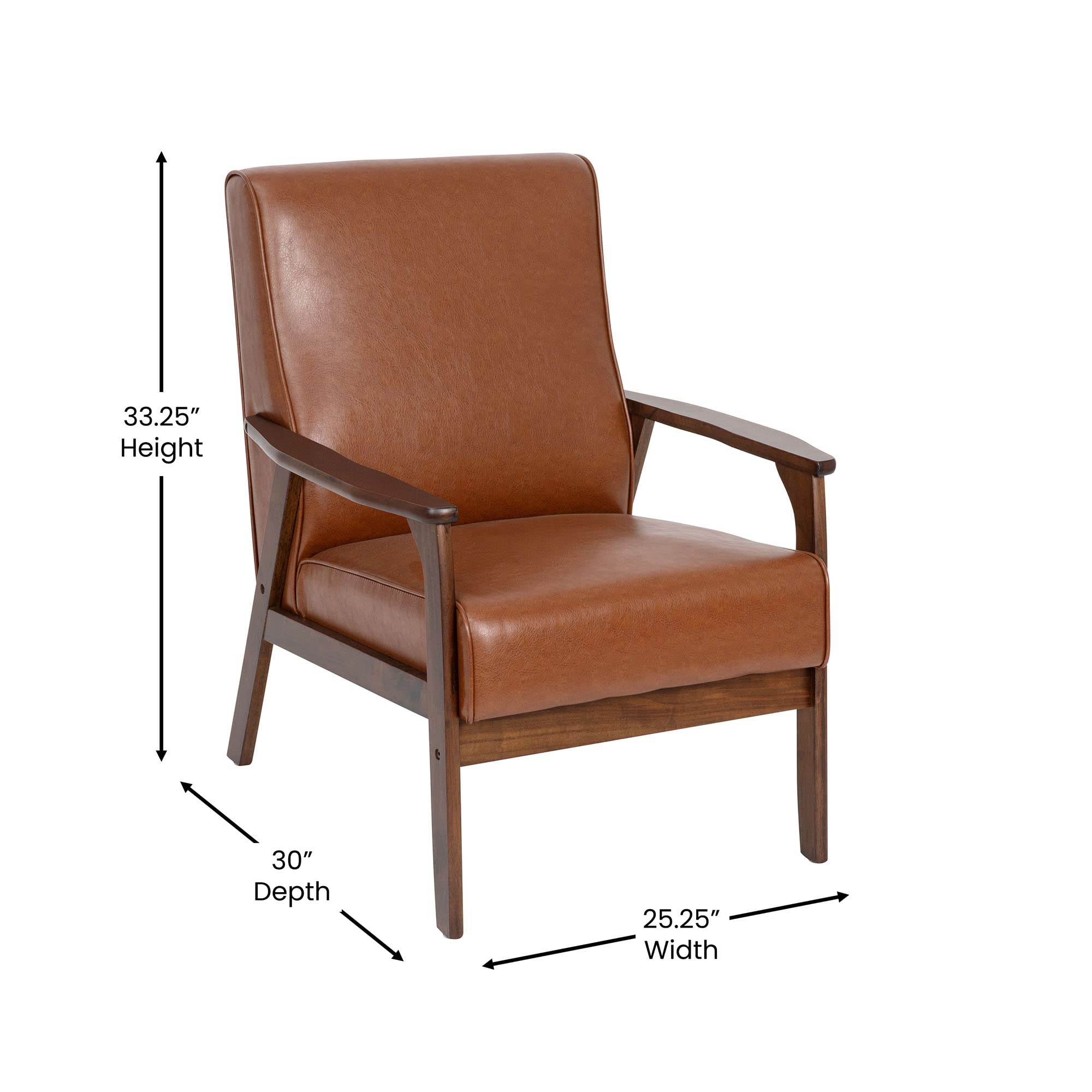 Flash Furniture Langston Commercial Mid Century Modern Chair - Cognac Leathersoft Upholstery - Walnut Finish Wooden Frame And Arms - Extra Supportive Sinuous Springs