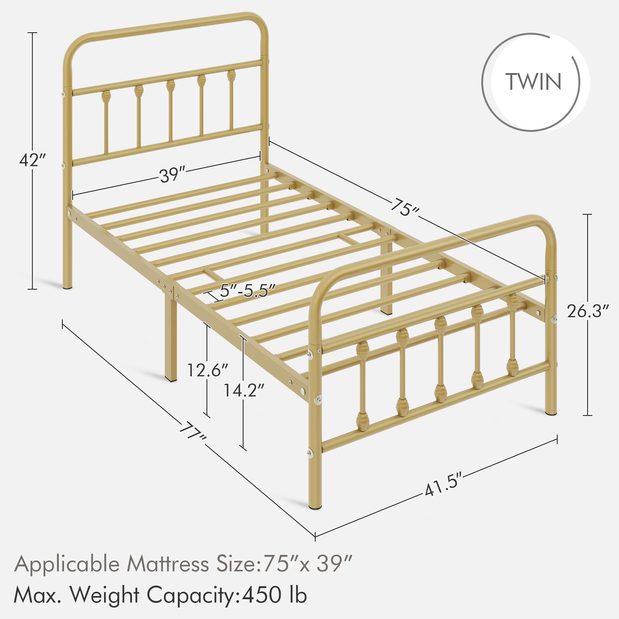 Yaheetech Classic Metal Platform Bed Frame Mattress Foundation With Victorian Style Iron-Art Headboard/Footboard/Under Bed Storage/No Box Spring Needed/Twin Size Antique Gold