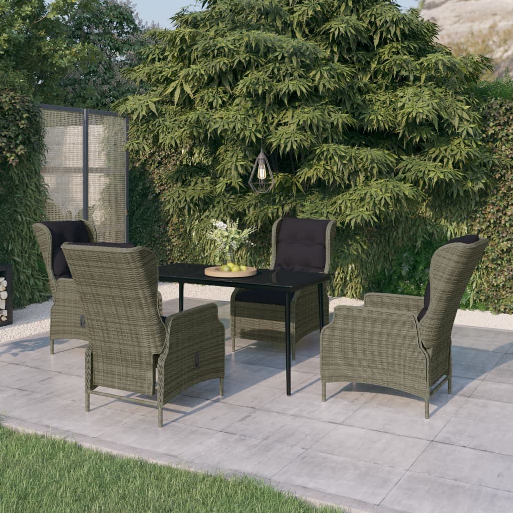 vidaXL 5-Piece Patio Dining Set with Adjustable Reclining Chairs and Glass Tabletop- Brown Rattan/Black Cushion Outdoor Furniture Set