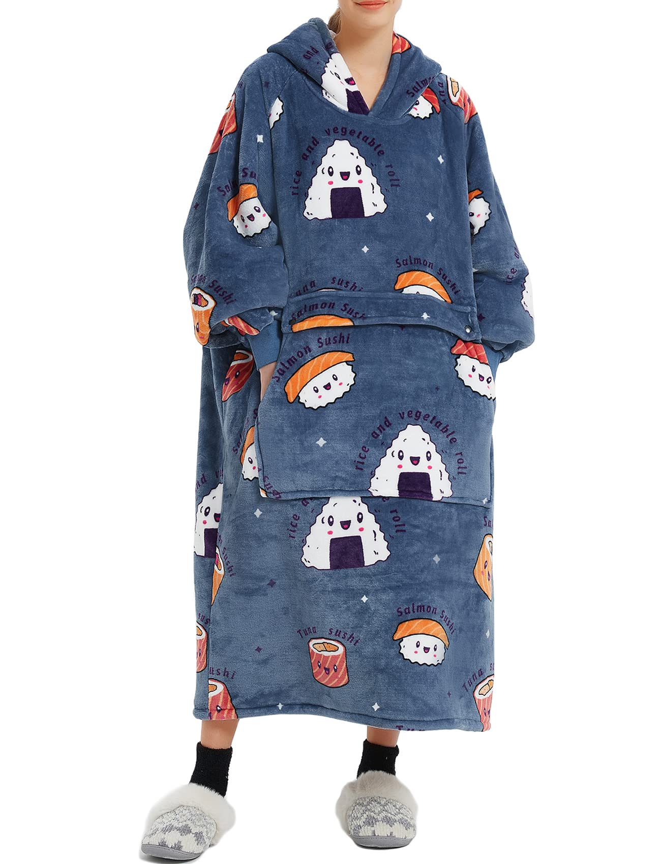 Kfubuo Wearable Blanket Hoodie For Adults Long Sherpa All Patterns Sushi Oversized Sweatshirt Blanket With Pockets Birthday Gift