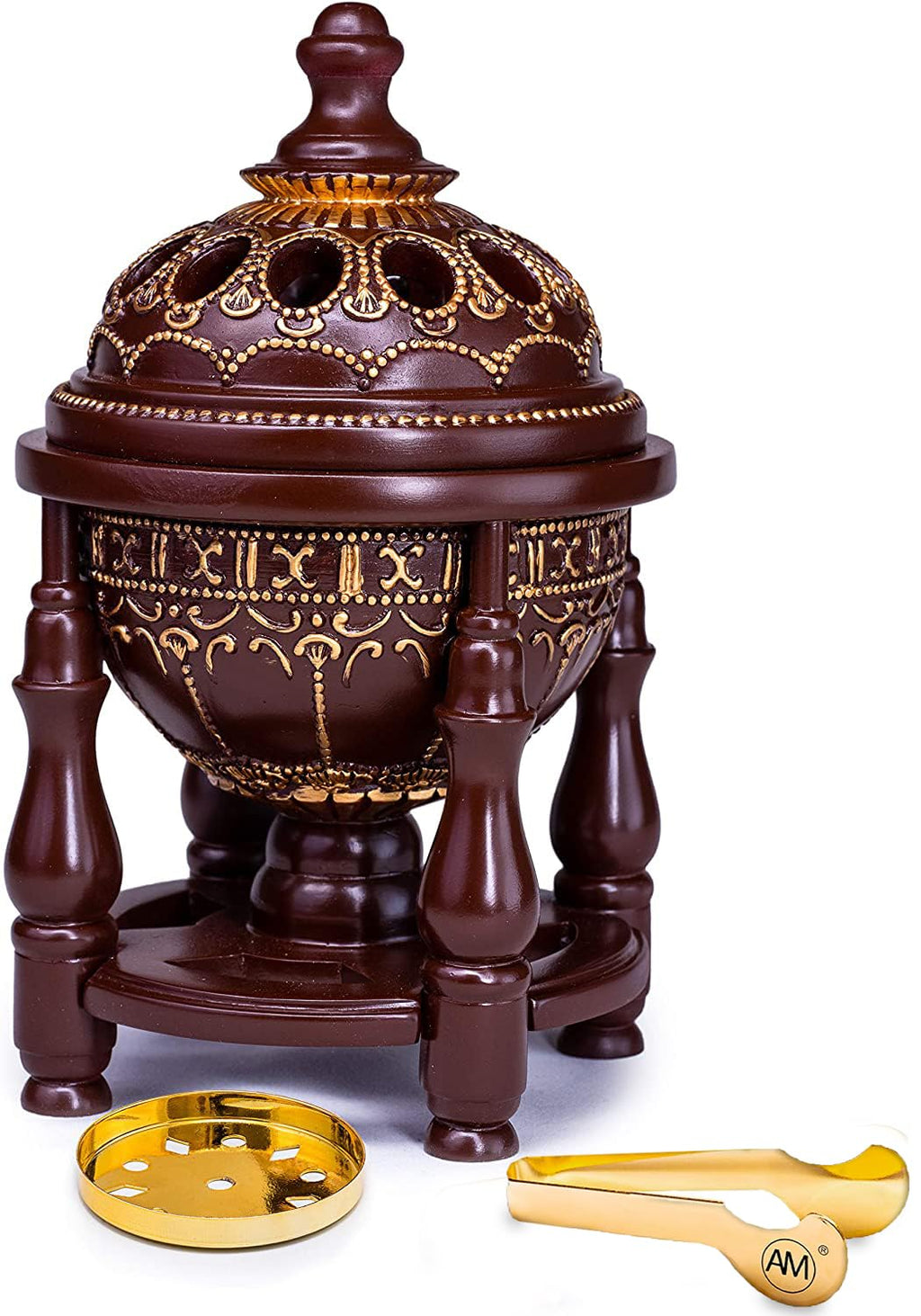 AM Charcoal Incense Burner - Bakhoor Burner, Oud Frankincense Resin Burner - for Office & Home Decor - Lavish 4 Pillar Brown