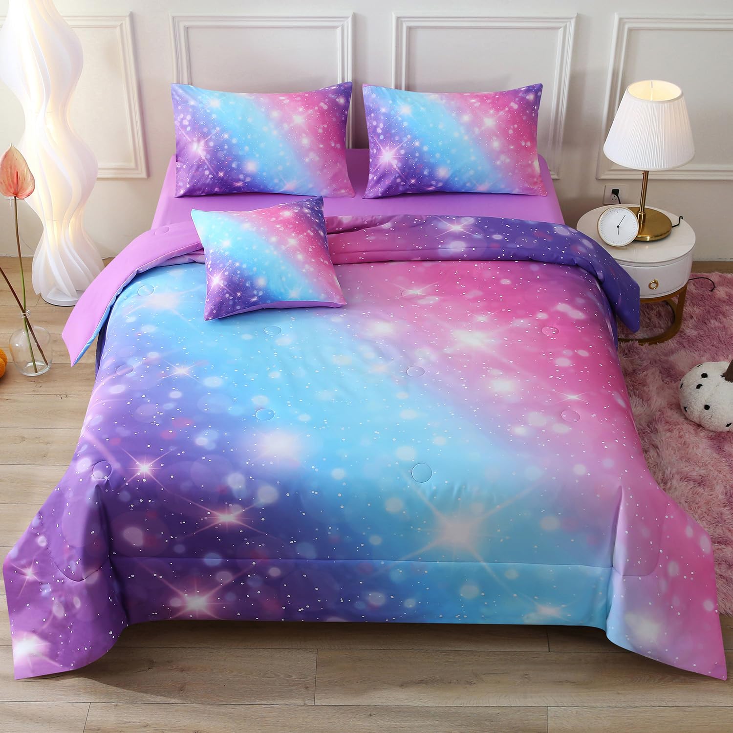 Jqinhome Glitter Bedding Set Twin Size,6 Piece Bed In A Bag 3D Colorful Rainbow Galaxy Comforter Set For Girls Kids-All Season M
