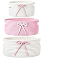 Skdqiee 3 Pcs Pink Bow Basket Set, Decorative NonWoven Fabric Storage Baskets, Stackable Nest Laundry Hamper, Pink White Organi