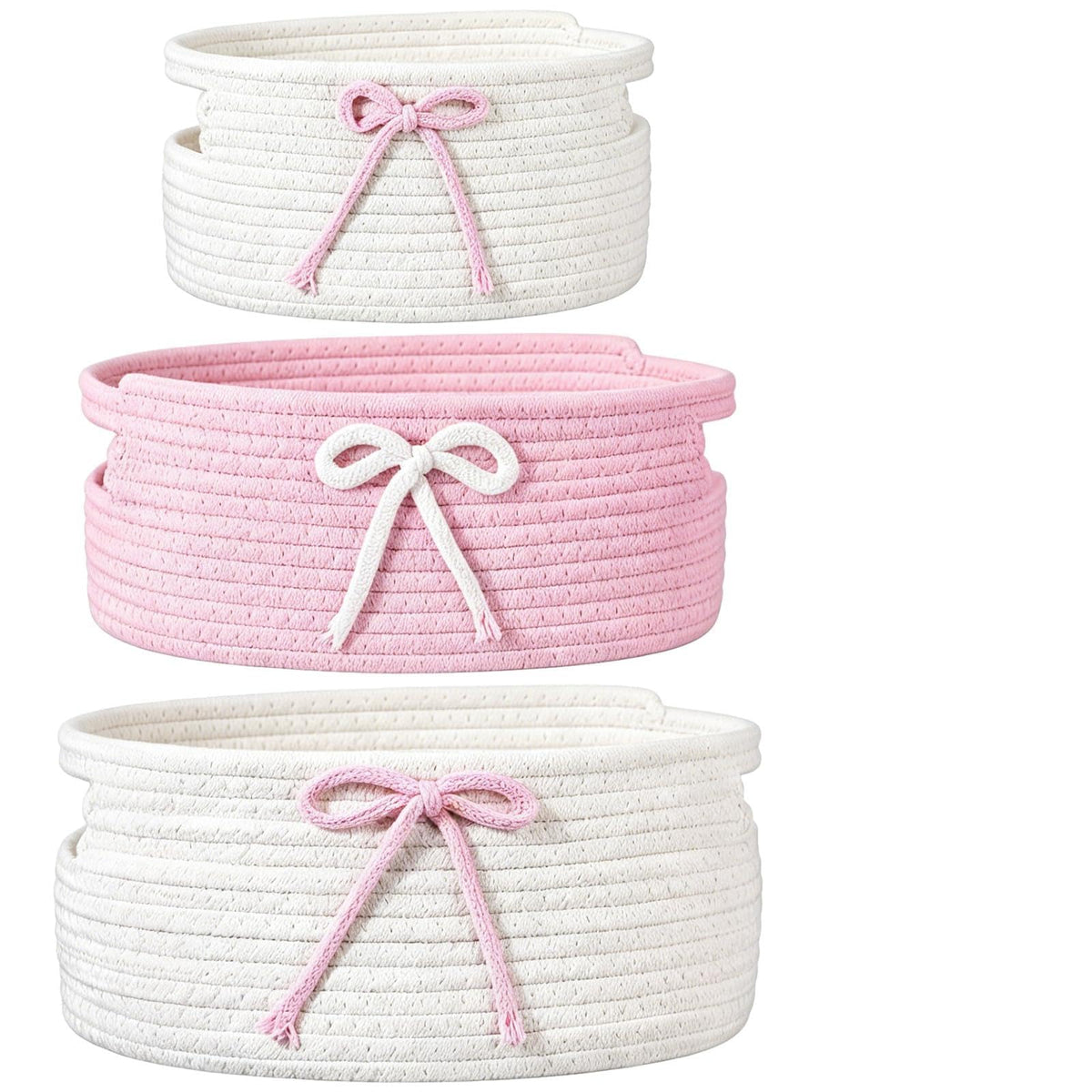 Skdqiee 3 Pcs Pink Bow Basket Set, Decorative NonWoven Fabric Storage Baskets, Stackable Nest Laundry Hamper, Pink White Organi