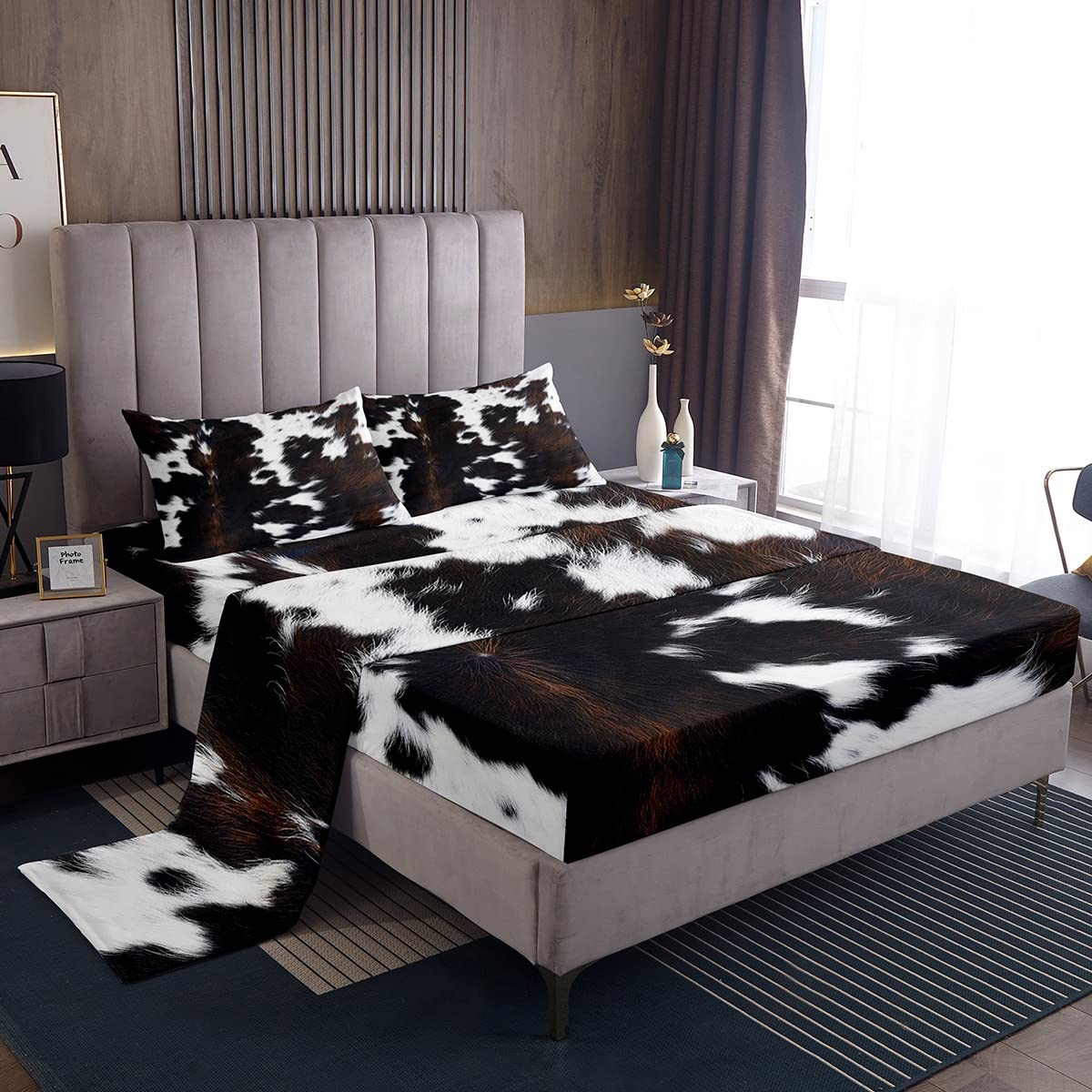 Cow Fur Bed Sheets Kids Cowhide Leather Hair Sheet Set Women Men Microfiber Soft Rustic Cow Skin Decor Bedding Set Brown Farmhou
