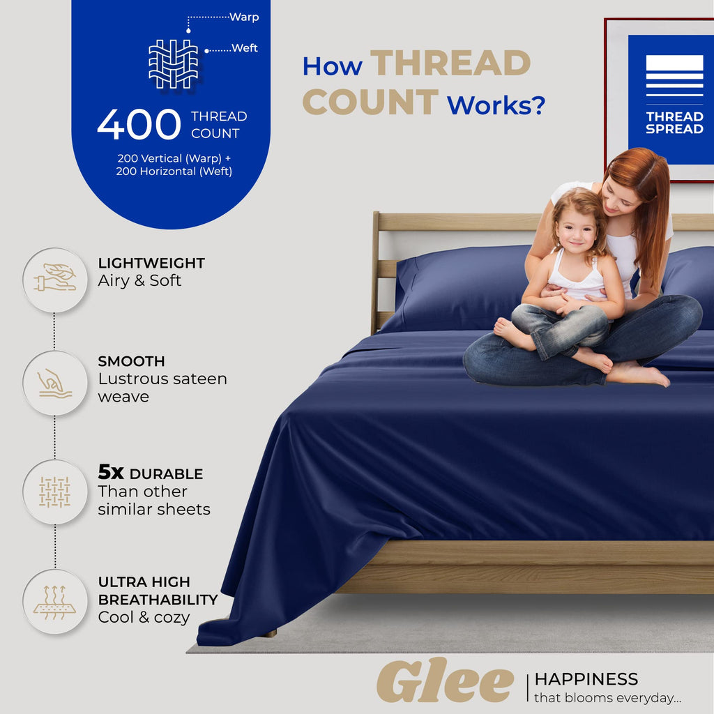 Thread Spread 100% Cotton California King Sheet Sets - 400 Thread Count 4 Pc Cal King Sheet Set - Soft, Breathable Cooling Sheets - Deep Pocket Cal King Cotton Bedsheets - Sateen Bedsheet (Navy Blue)