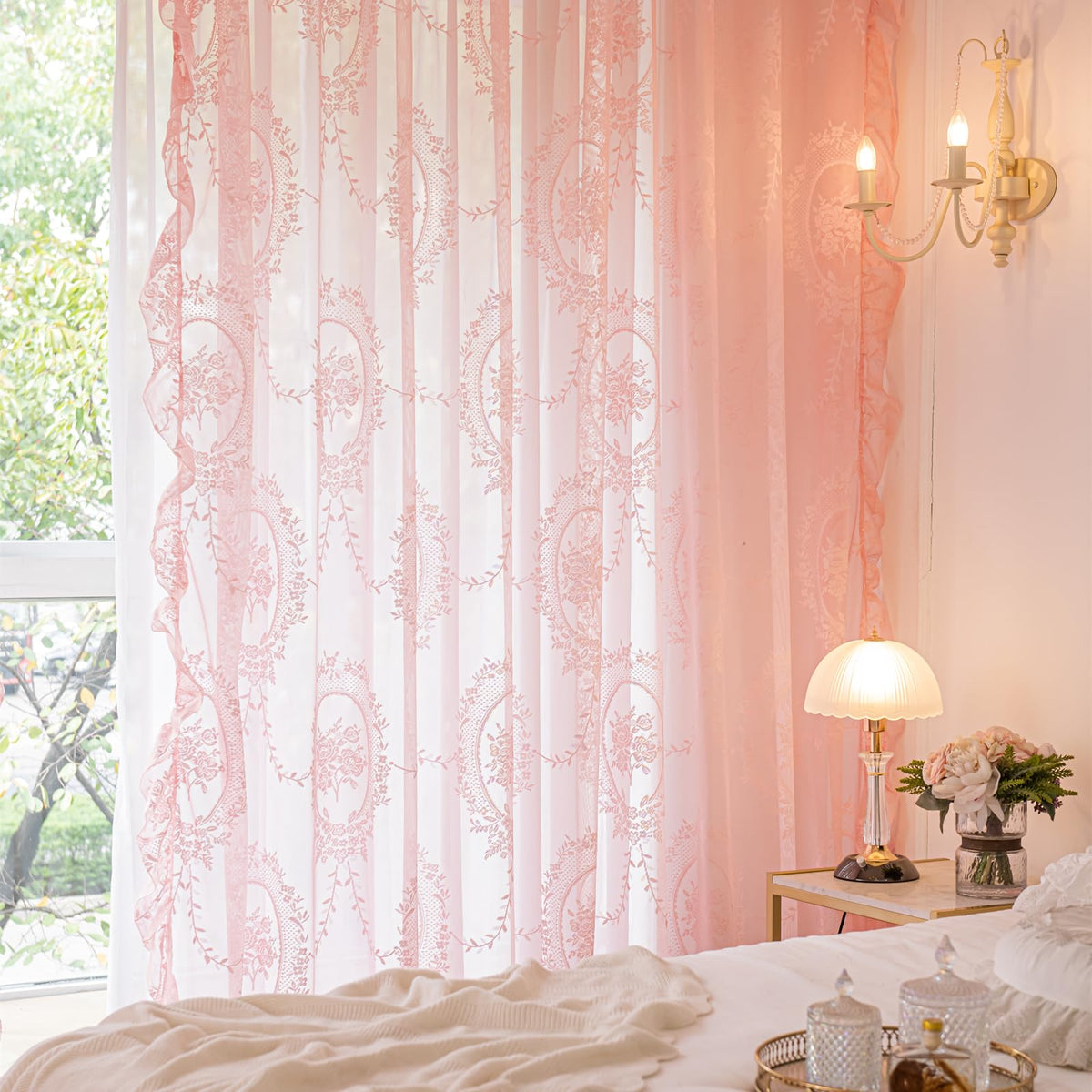 Deeprove Pink Lace Curtains 84 Inches Long 2 Panels Set, Boho Sheer Florals Scallop Ruffle Edge, Bohemian Chic Pretty Window Tre