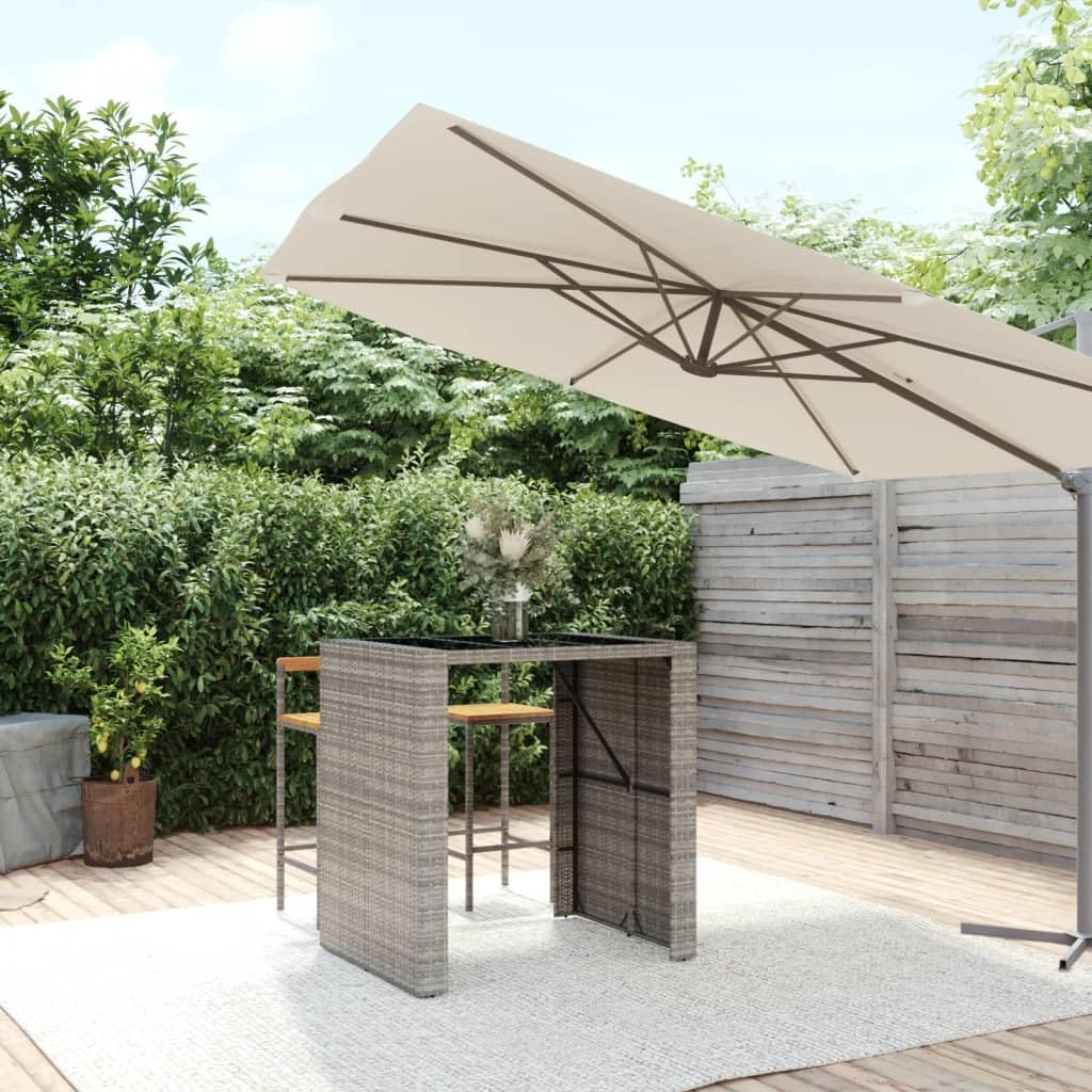 vidaXL Modern Outdoor Bar Table with Tempered Glass Top and PE Rattan Construction, Rectangular Gray Pub Table for Patio, Garden, and Living Spaces