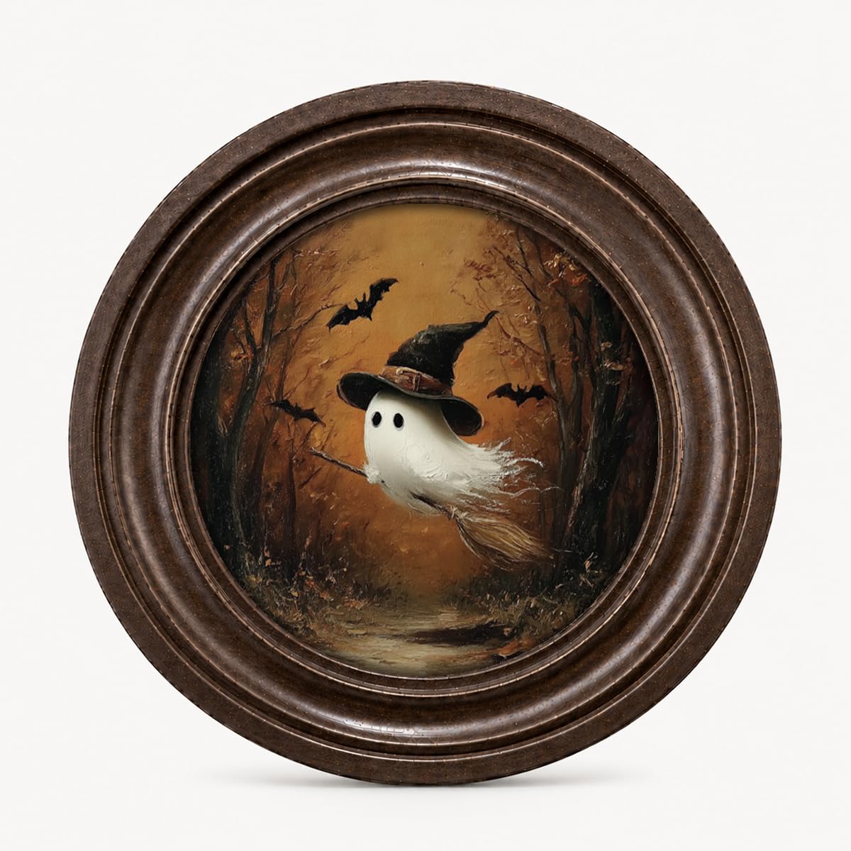 ERJHFGHU Ghost on Witch Broom Round Wall Art, Cute Halloween Decor