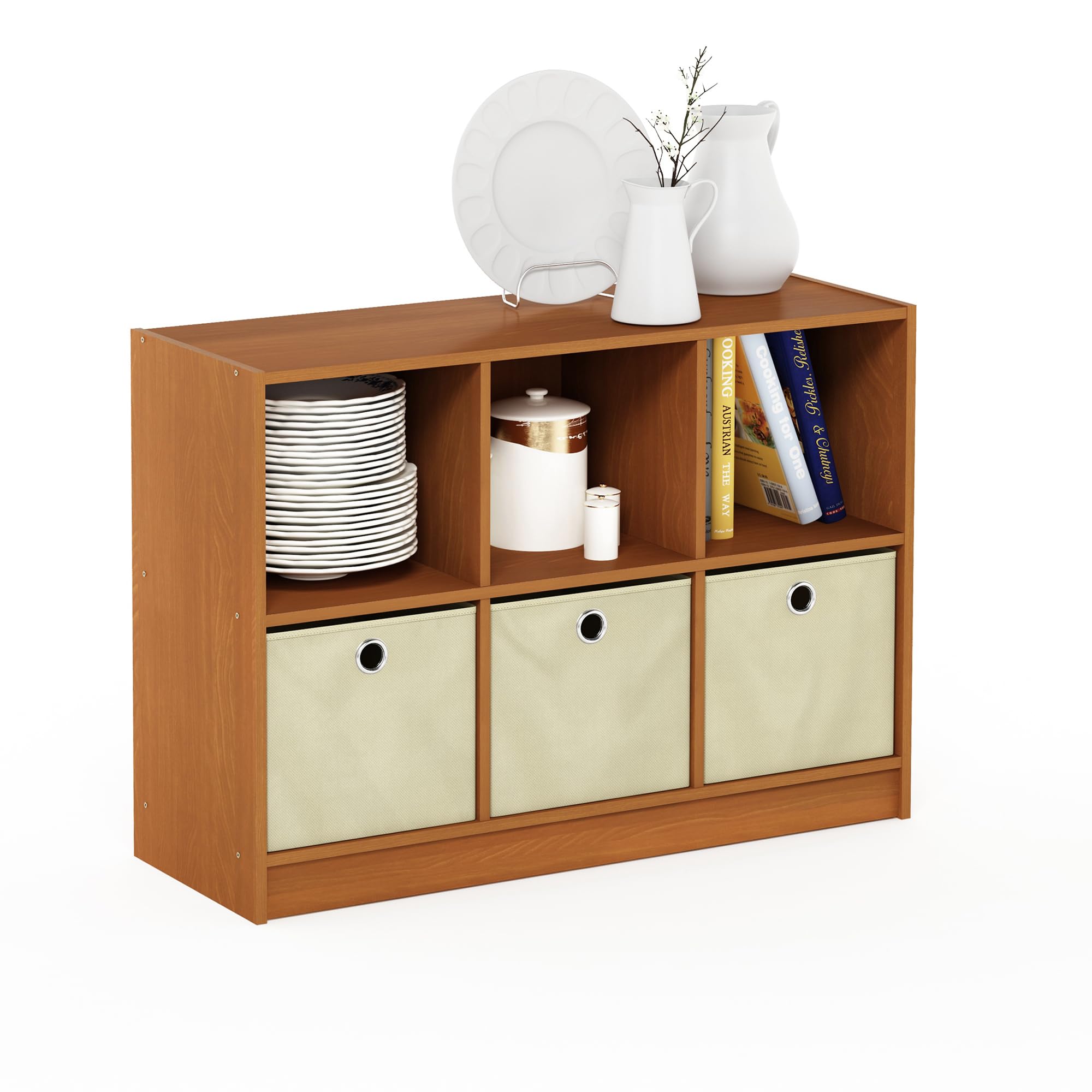 Furinno Basic 3X2 Bookcase Storage W/Bins, Light Cherry/Ivory