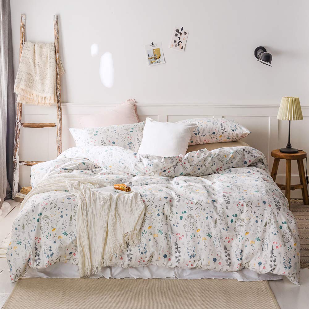 Garden Style Floral Duvet Cover King Cotton Floral Comforter Cover With Zipper Modern Chic Floral Leaves Pattern Printed On Whit