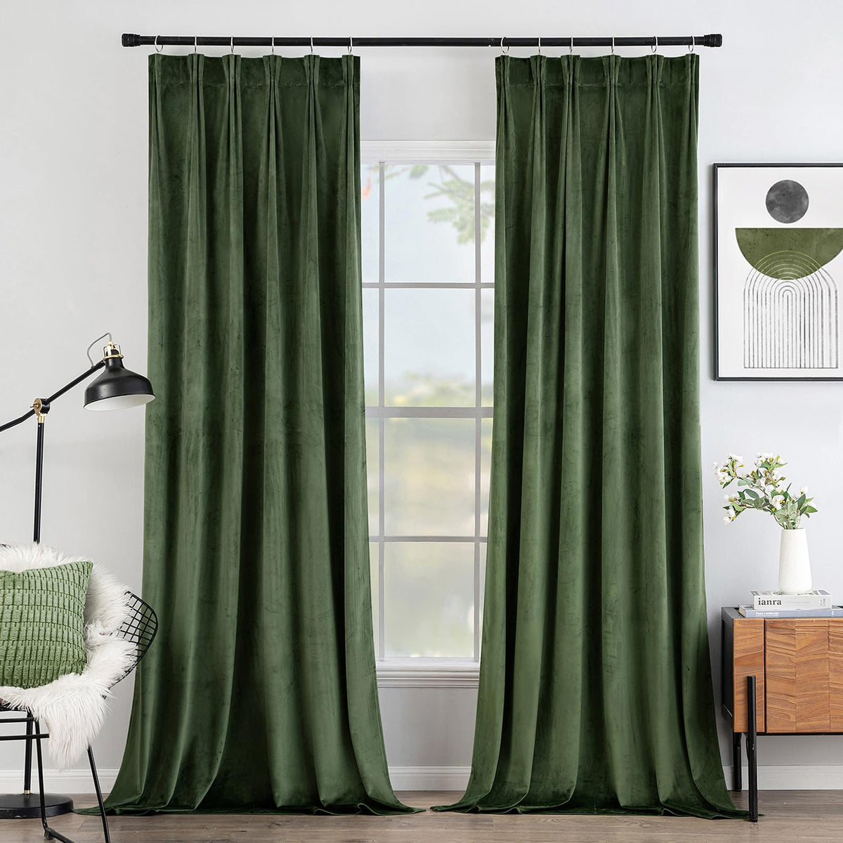 Miulee Olive Green Velvet Curtains 90 Inches 2 Panels - Pinch Pleat Luxury Room Darkening Curtains For Bedroom Living Room Therm