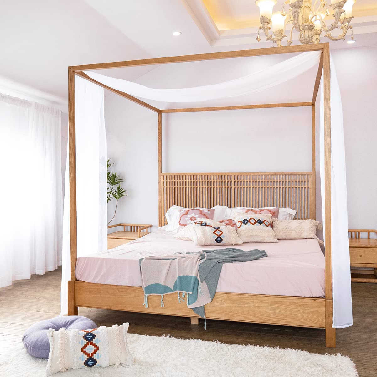 Linentalks White Canopy Bed Scarf For Queen & Full Bed, Luxury Queen Canopy Bed Curtains, White Canopy Bed Drapes, Four Post Bed