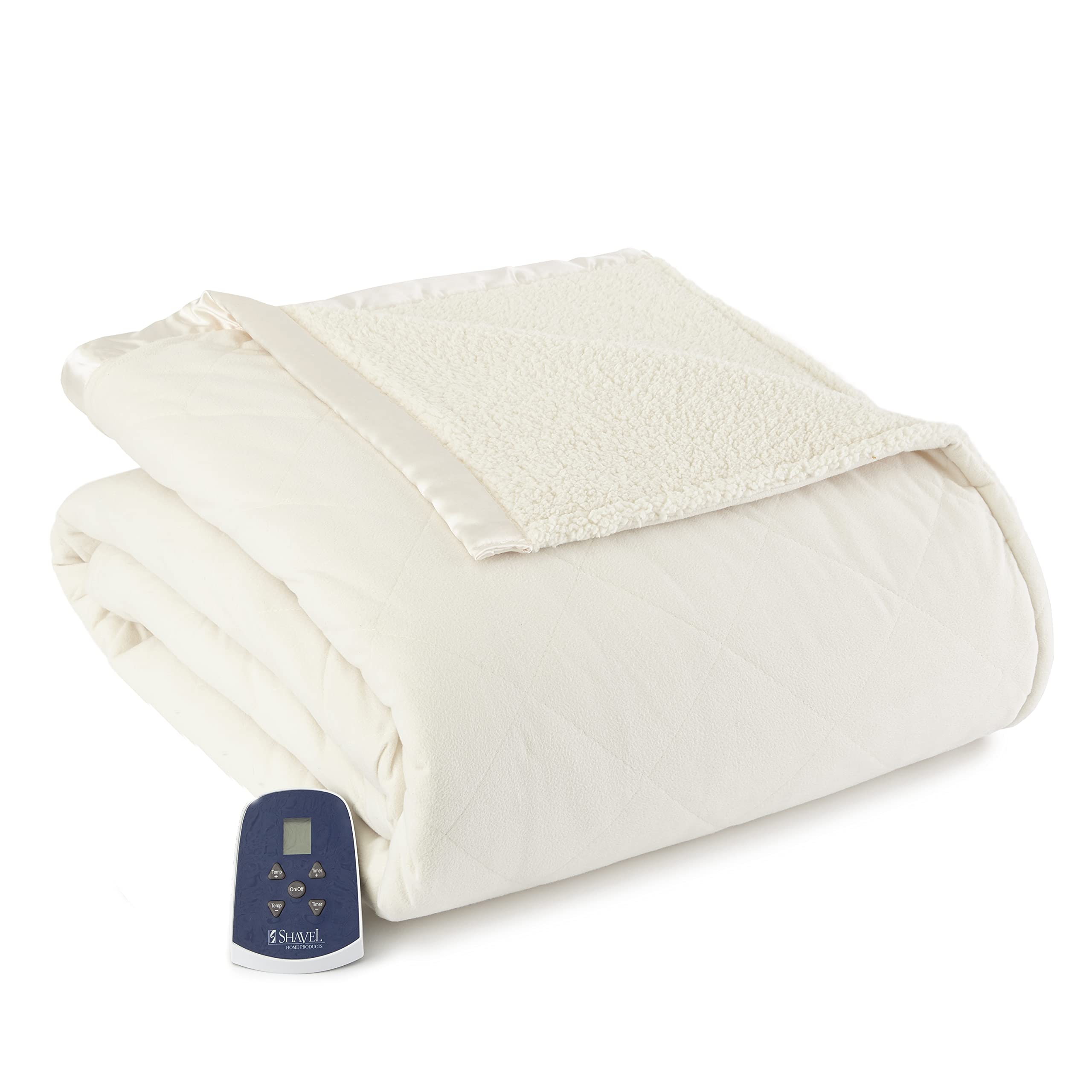 Thermee Micro Flannel Full-Size Heated Electric Blanket With Sherpa, Machine Wash & Dry, Timer & Safety Shutoff, 84Lx72W, Sand