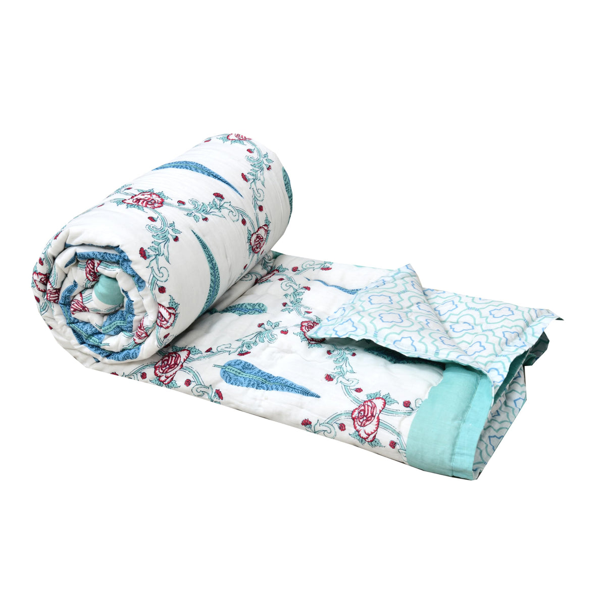 BLOCKS OF INDIA Cotton Single Size Quilt Hand Block Print for Light Winters (60x90 Inches) (Turquoise Patti)
