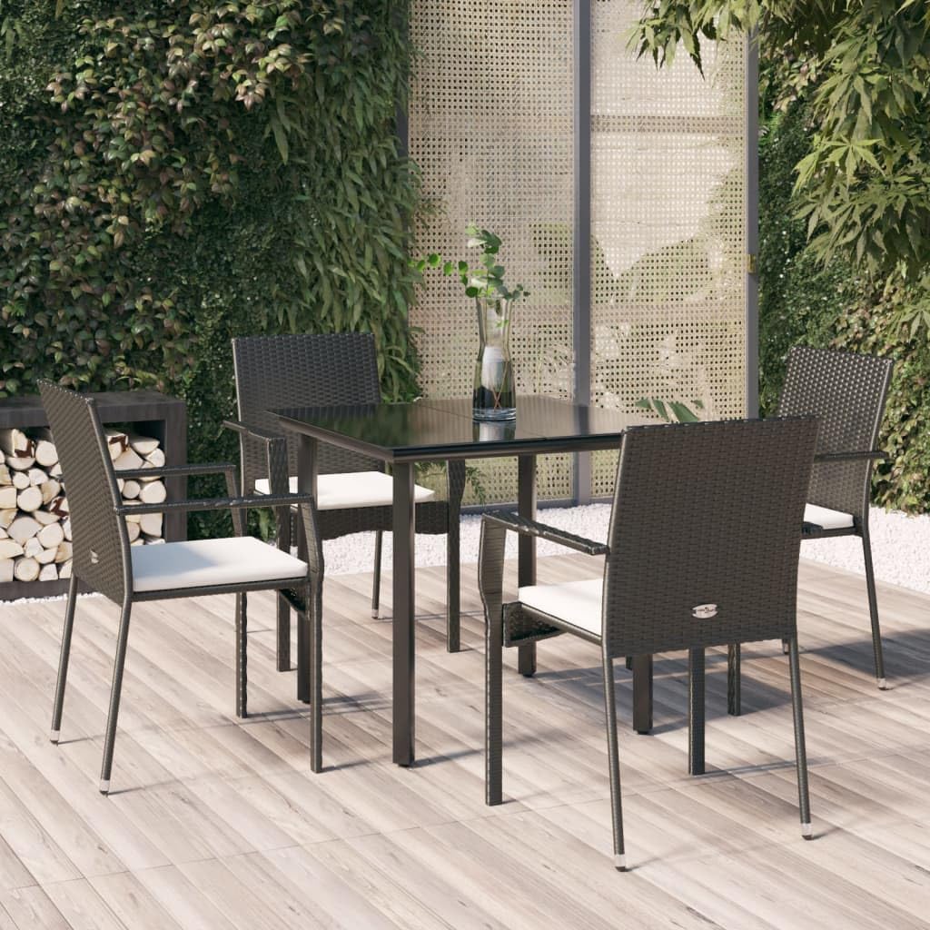 vidaXL Poly Rattan Patio Dining Set - Weather-Resistant Black Outdoor Furniture with Cushions, Powder-Coated Steel Frame and Tempered Glass Tabletop
