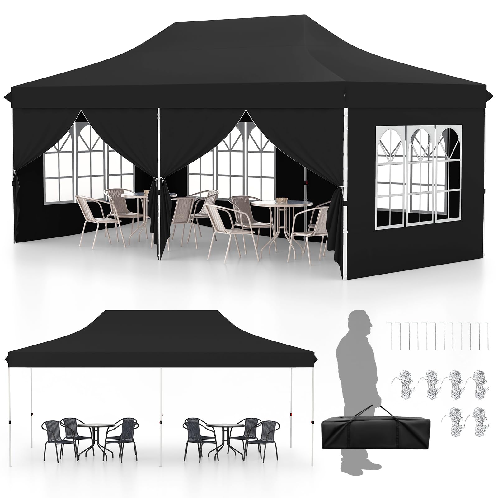 Tangkula 10X20 Ft Pop Up Canopy With 6 Removable Sidewalls, Instant Setup Canopy Tent With 2 Zippered Door, Windows, Carrying Ba