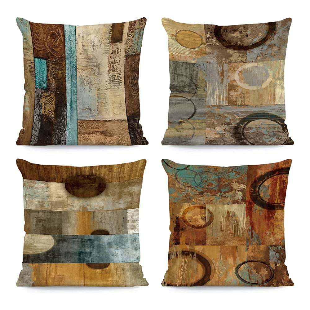 Lhaifa Brown Decorative Throw Pillow Covers 18X18 Set Of 4 Teal Pillow Cover Modern Geometry Abstract Art Decorative Pillows For