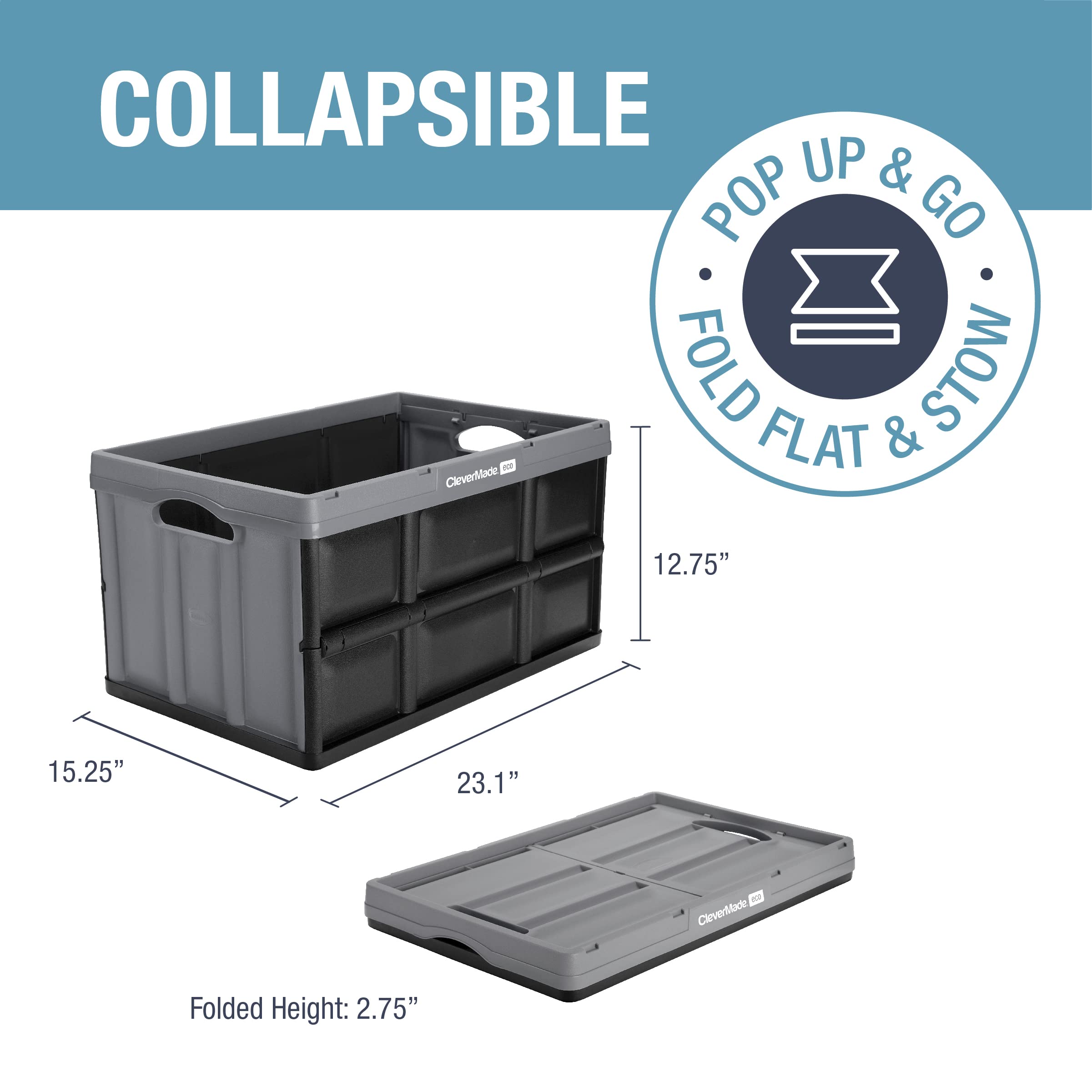 Clevermade Collapsible Storage Bin, Stone, 3Pk - 62L (16 Gal) Stackable Storage Containers, Holds 100Lbs Per Bin - Plastic Stora