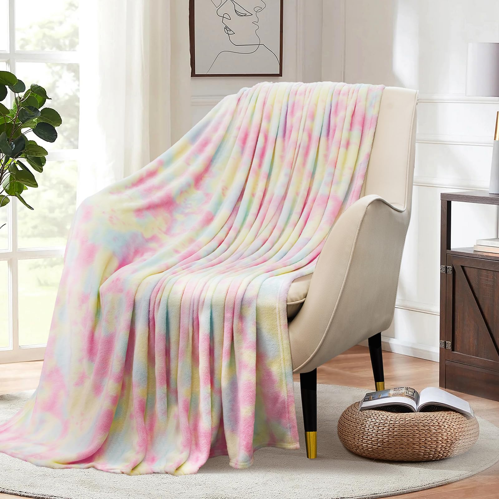 Macevia Tie Dye Rainbow Throw Blanket For Couch, Colorful Cute Blankets And Throws, Soft Fleece Flannel Plush Blanket For Chair