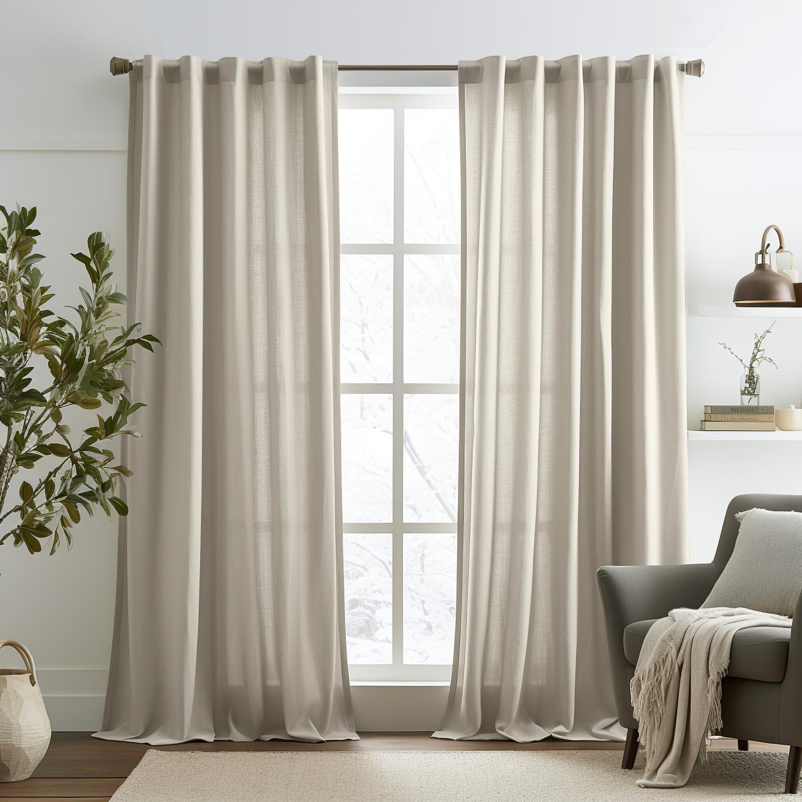 Jinchan Linen Blend Curtains 96 Inches Long For Living Room Oat Farmhouse Rod Pocket Back Tab Light Filtering Window Drapes For Bedroom Curtains 2 Panels