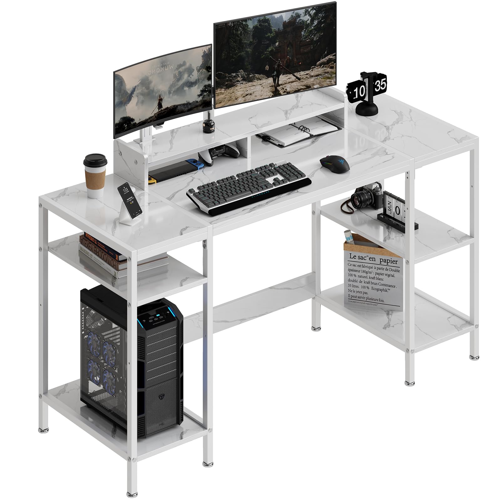 Vivomexisaura Gaming Home Office Computer Desk With Monitor Stand, Writing Desk For 2 Monitors, Adjustable Storage Space (Marble