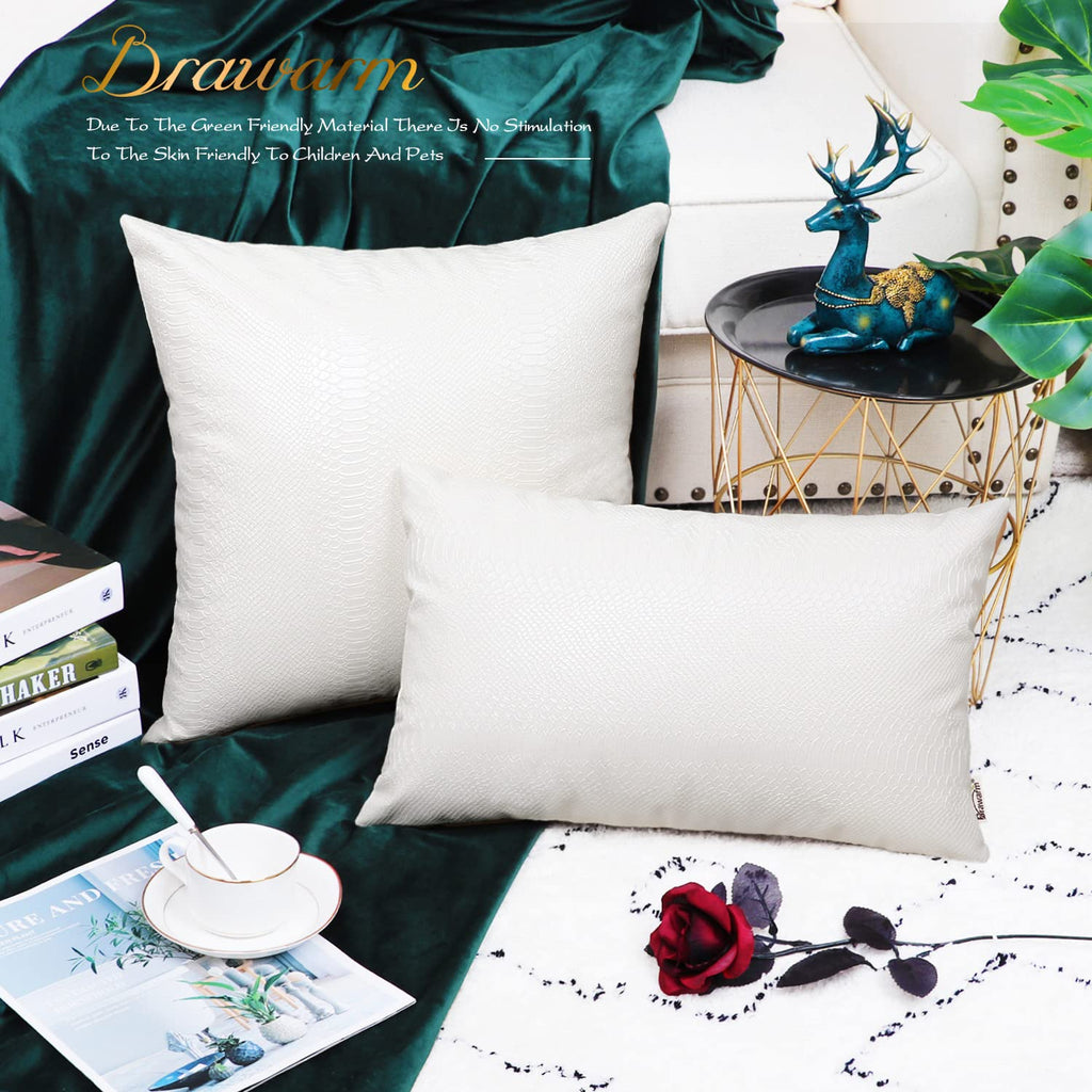 Brawarm White Leather Throw Pillows 16 X 16 Inches, Snake Leather Pillow Covers Pack Of 2, Faux Leather Decorative Pillow Covers